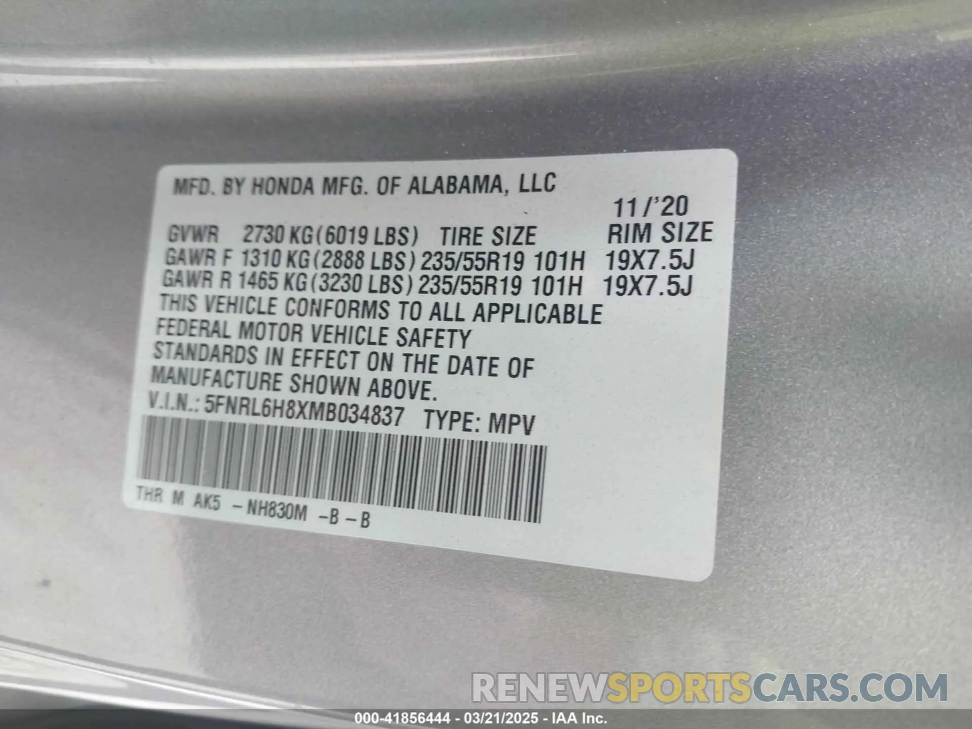 9 fotografías del automóvil dañado 5FNRL6H8XMB034837 HONDA ODYSSEY 2021