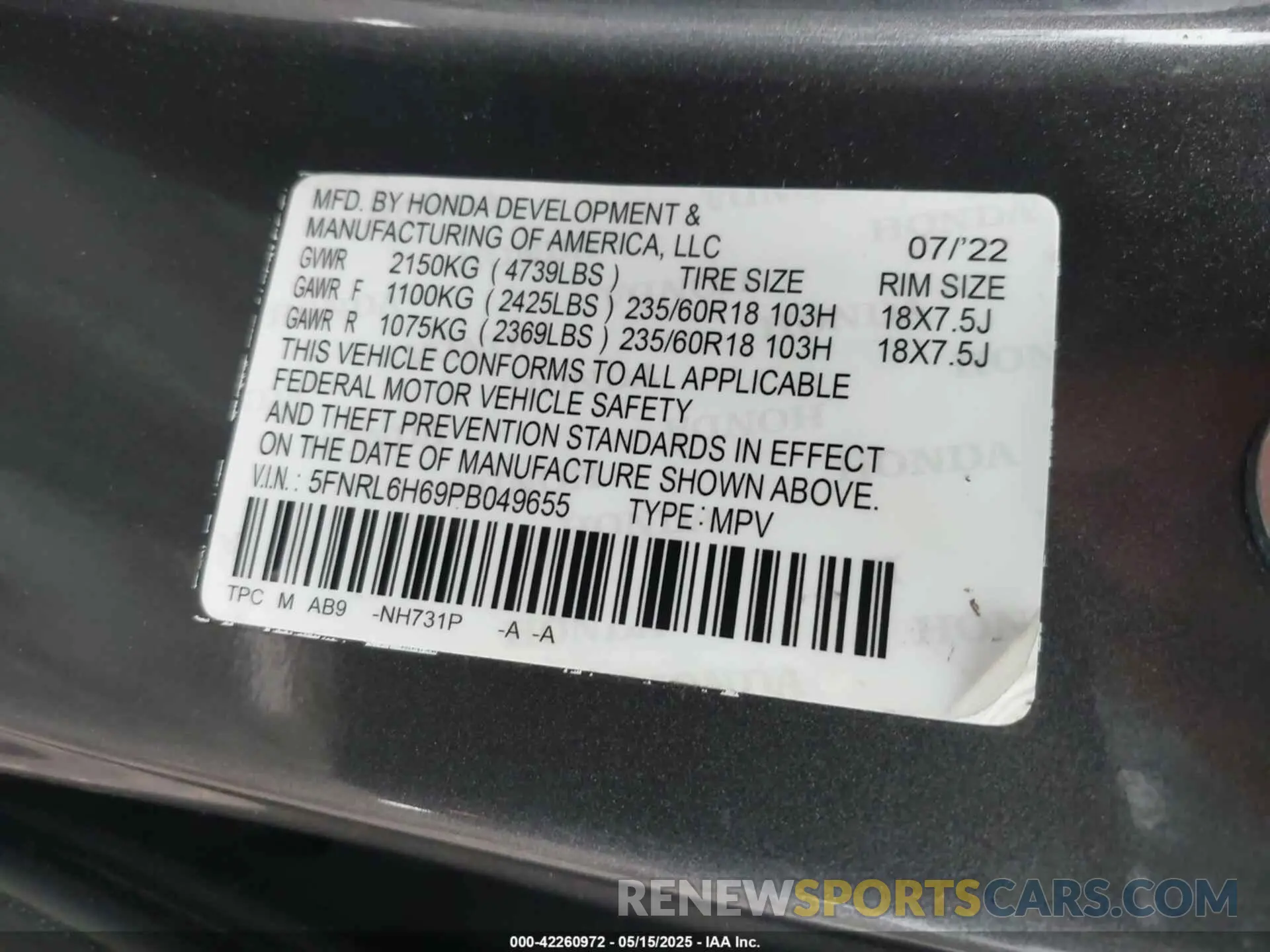 9 fotografías del automóvil dañado 5FNRL6H77NB018068 HONDA ODYSSEY 2022
