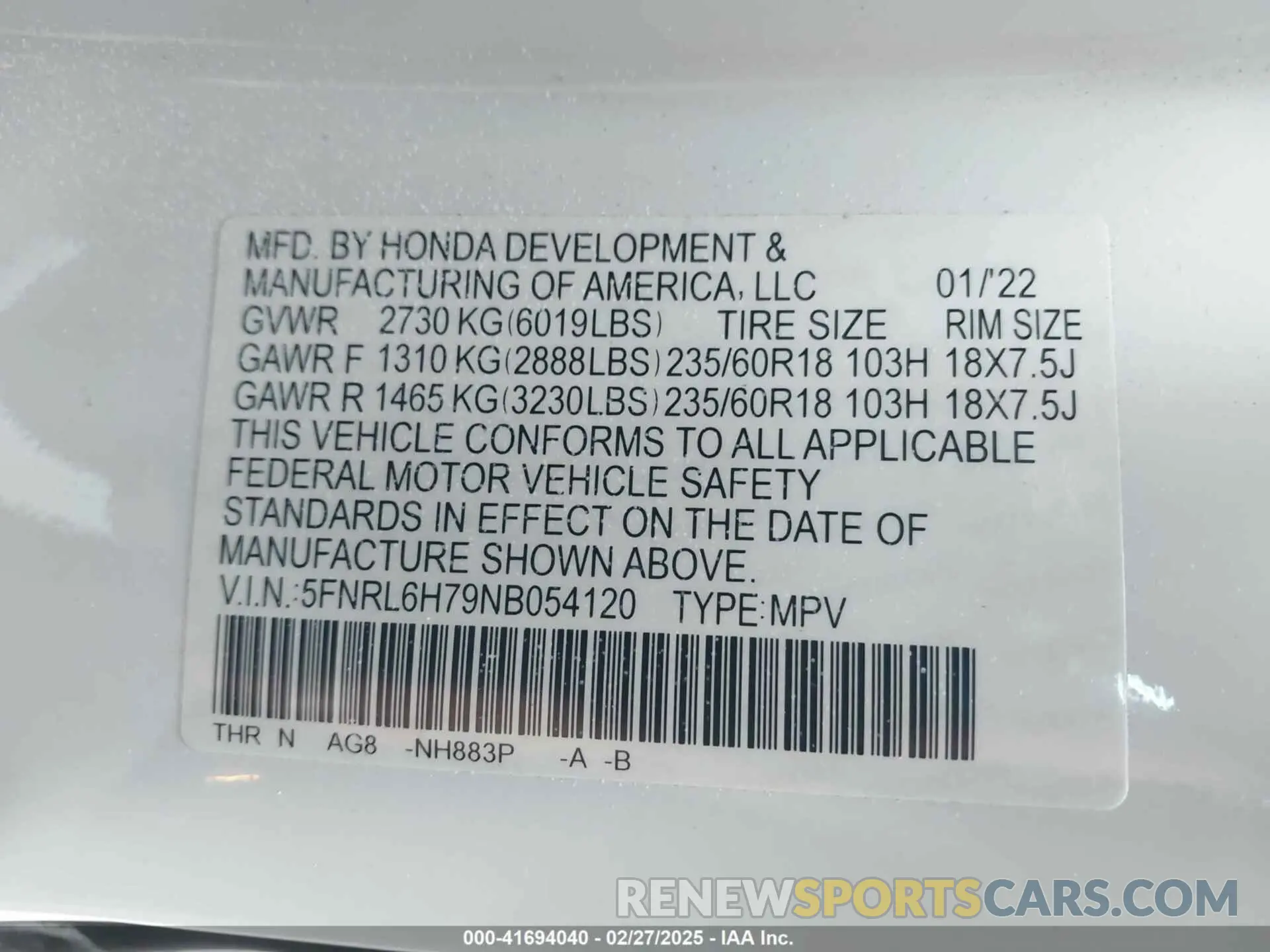9 fotografías del automóvil dañado 5FNRL6H79NB054120 HONDA ODYSSEY 2022