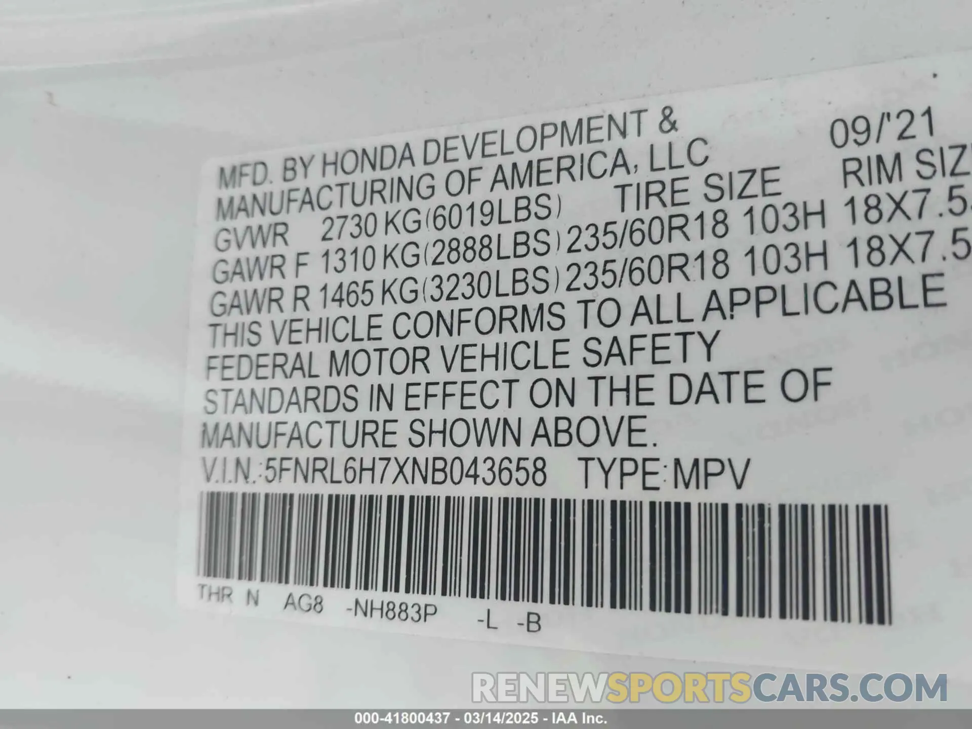 9 fotografías del automóvil dañado 5FNRL6H7XNB043658 HONDA ODYSSEY 2022