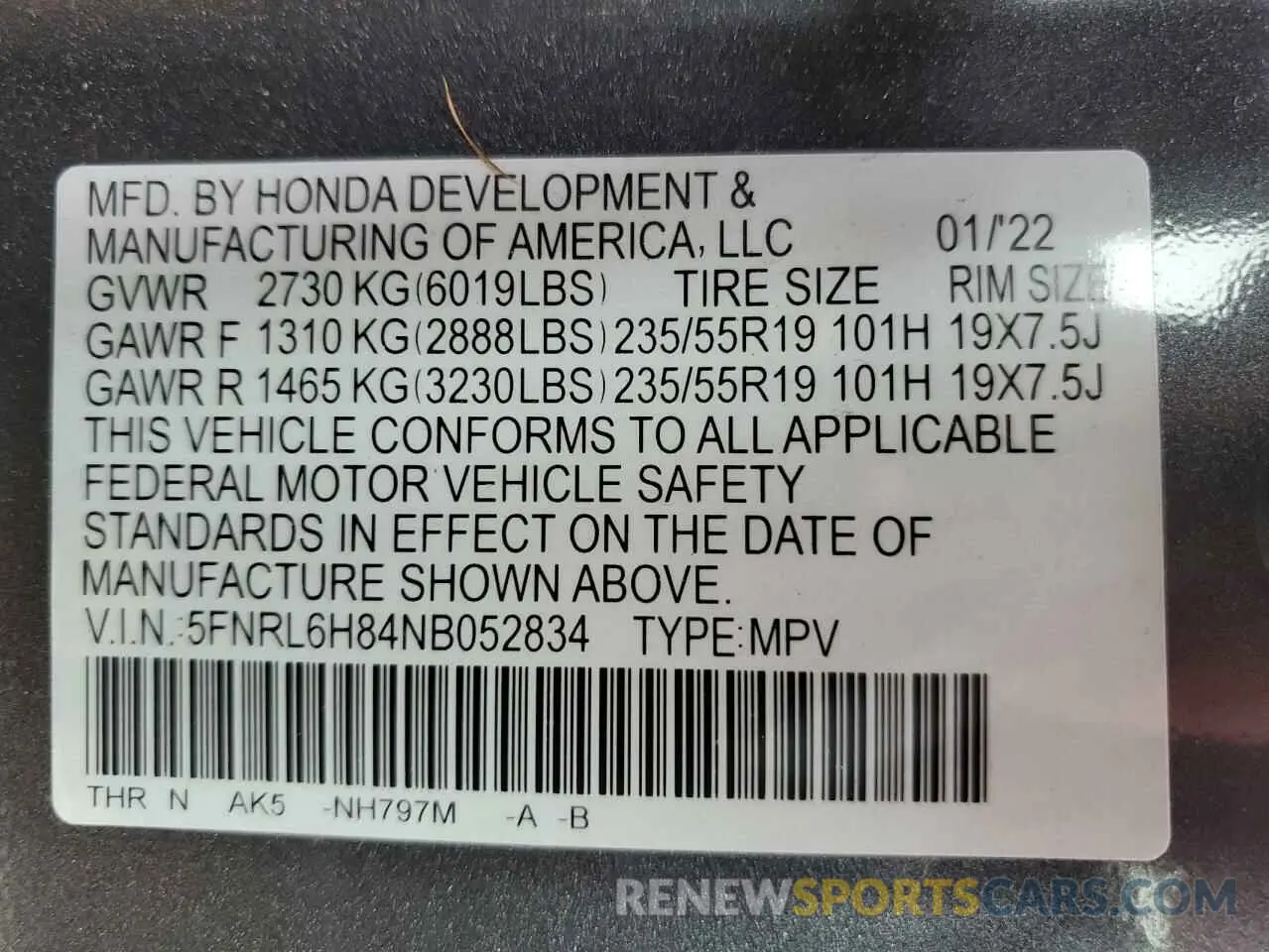 15 fotografías del automóvil dañado 5FNRL6H84NB052834 HONDA ODYSSEY 2022