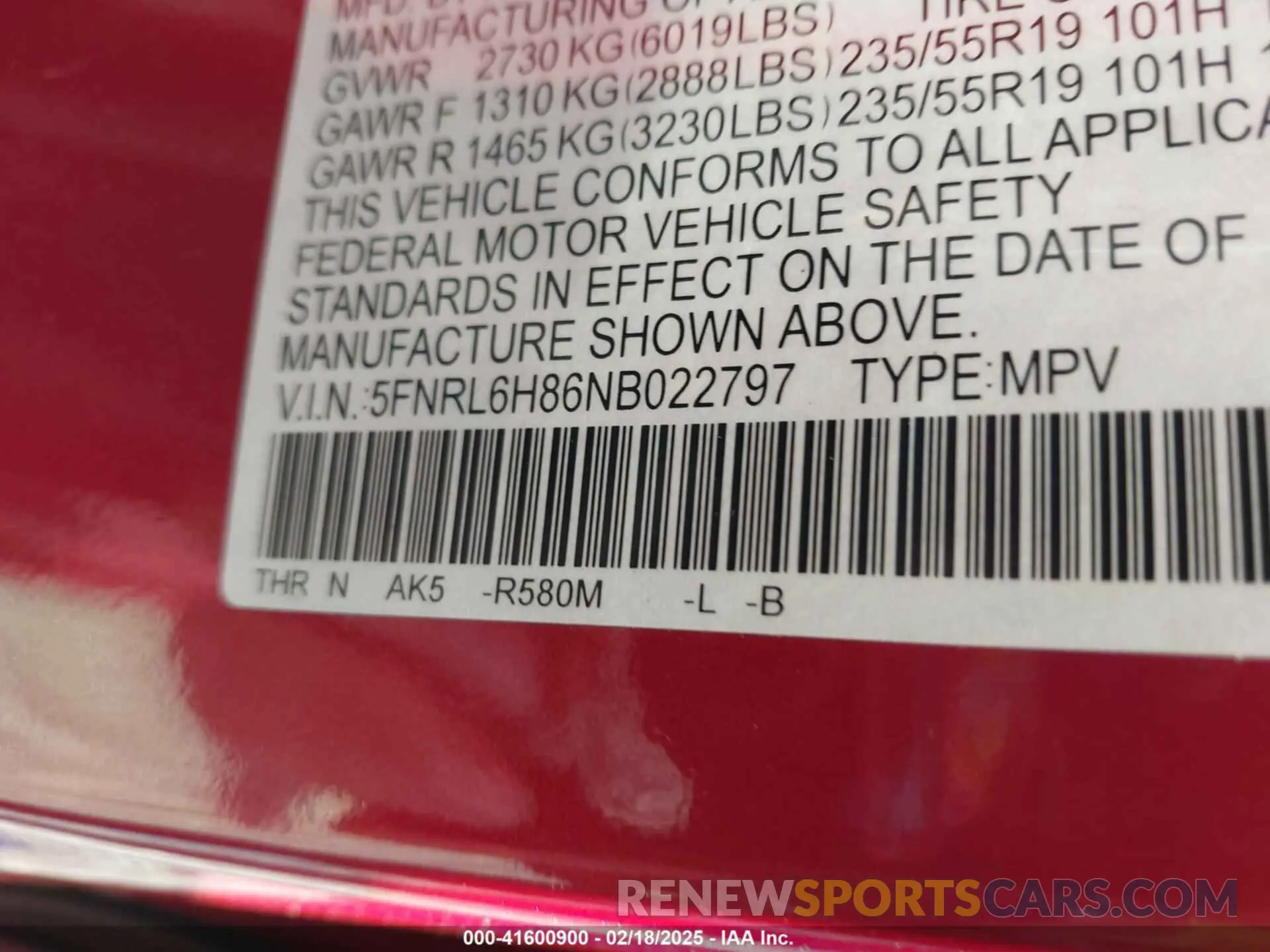 9 fotografías del automóvil dañado 5FNRL6H86NB022797 HONDA ODYSSEY 2022