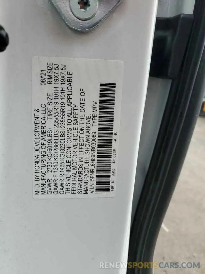 14 fotografías del automóvil dañado 5FNRL6H89NB039089 HONDA ODYSSEY 2022