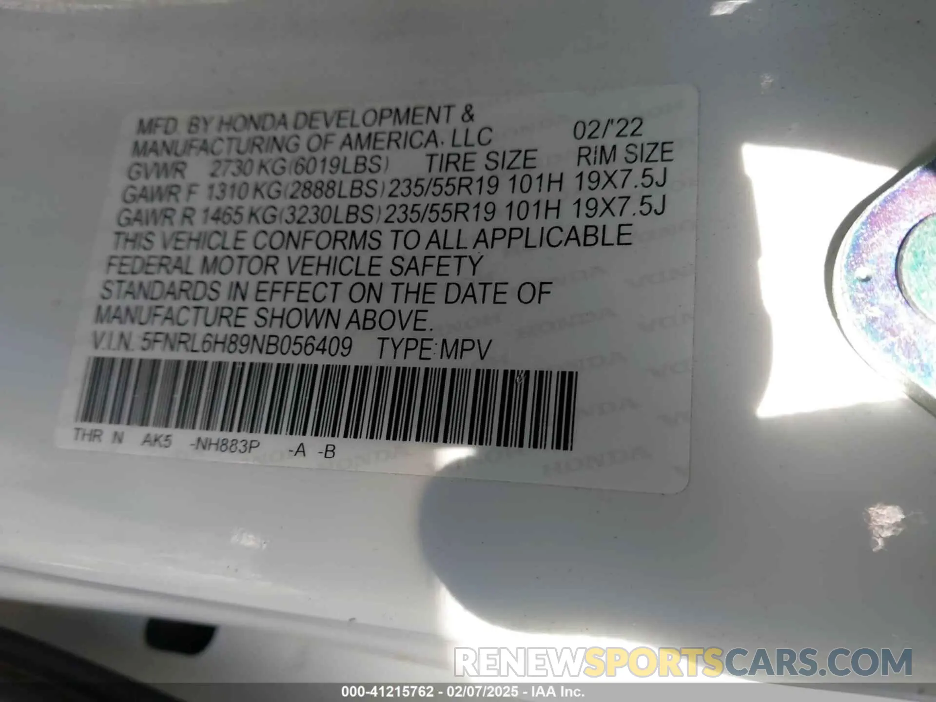 9 fotografías del automóvil dañado 5FNRL6H89NB056409 HONDA ODYSSEY 2022