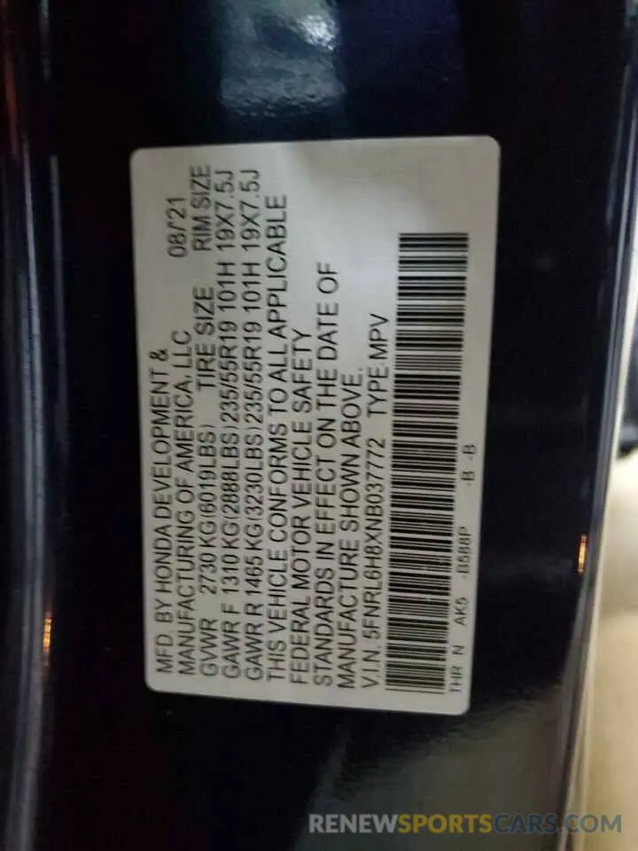 13 fotografías del automóvil dañado 5FNRL6H8XNB037772 HONDA ODYSSEY 2022