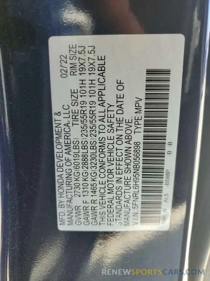 12 fotografías del automóvil dañado 5FNRL6H95NB056898 HONDA ODYSSEY 2022