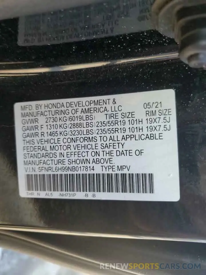 15 fotografías del automóvil dañado 5FNRL6H99NB017814 HONDA ODYSSEY 2022