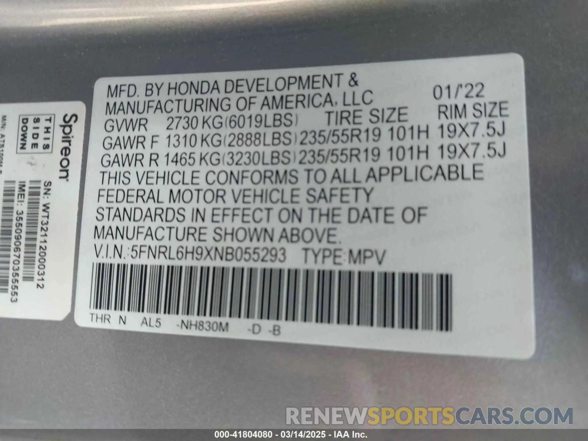 9 fotografías del automóvil dañado 5FNRL6H9XNB055293 HONDA ODYSSEY 2022