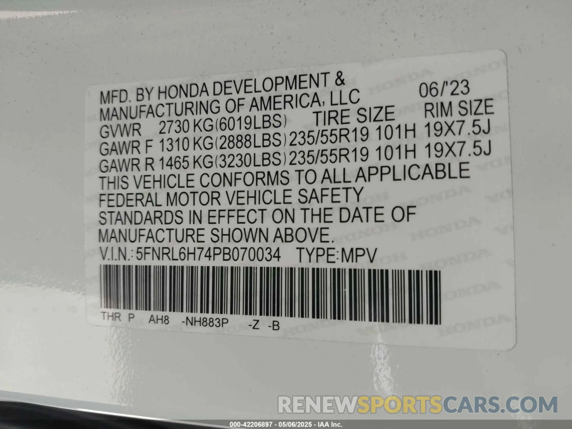 9 fotografías del automóvil dañado 5FNRL6H74PB070034 HONDA ODYSSEY 2023