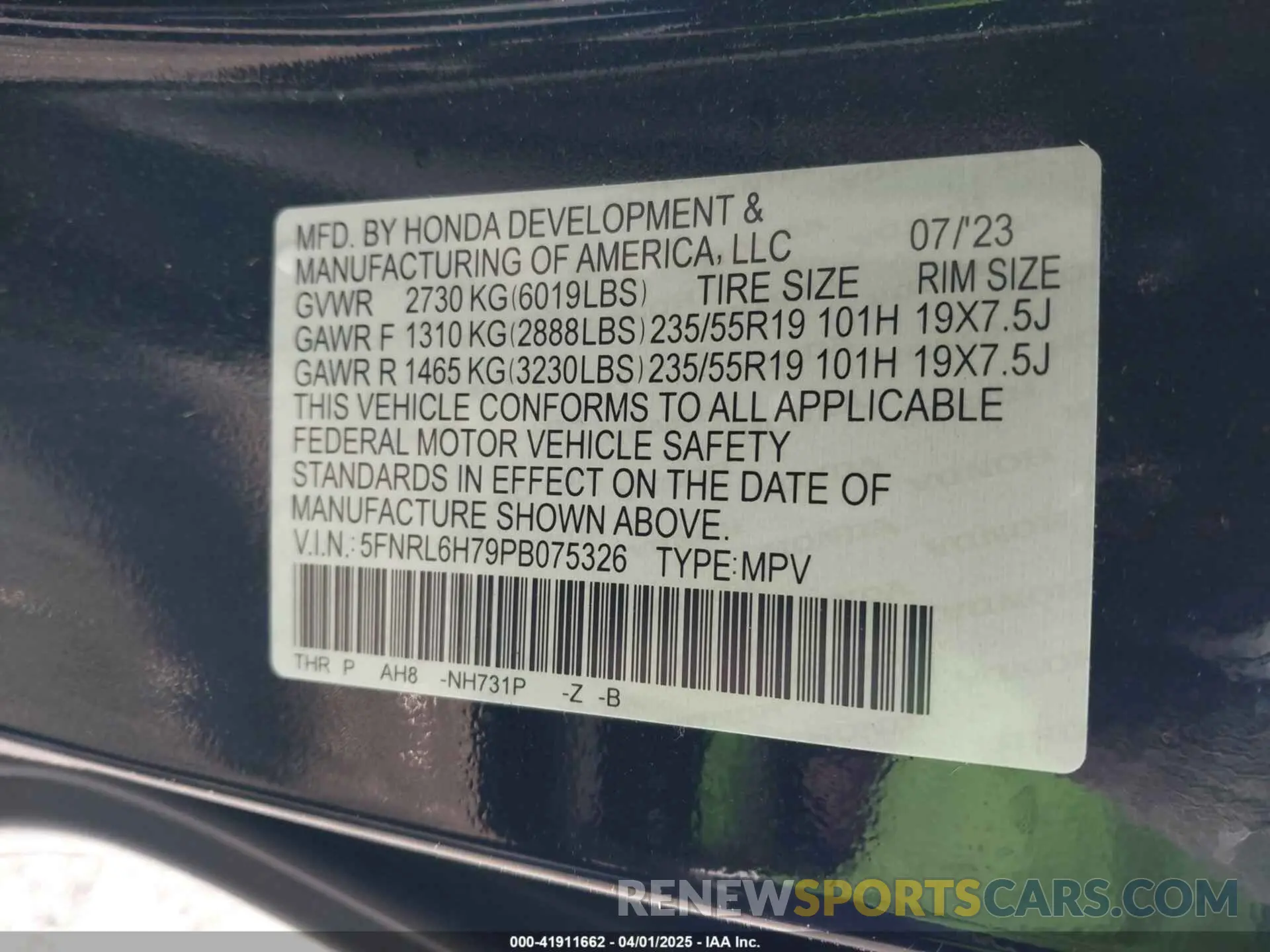 9 fotografías del automóvil dañado 5FNRL6H79PB075326 HONDA ODYSSEY 2023