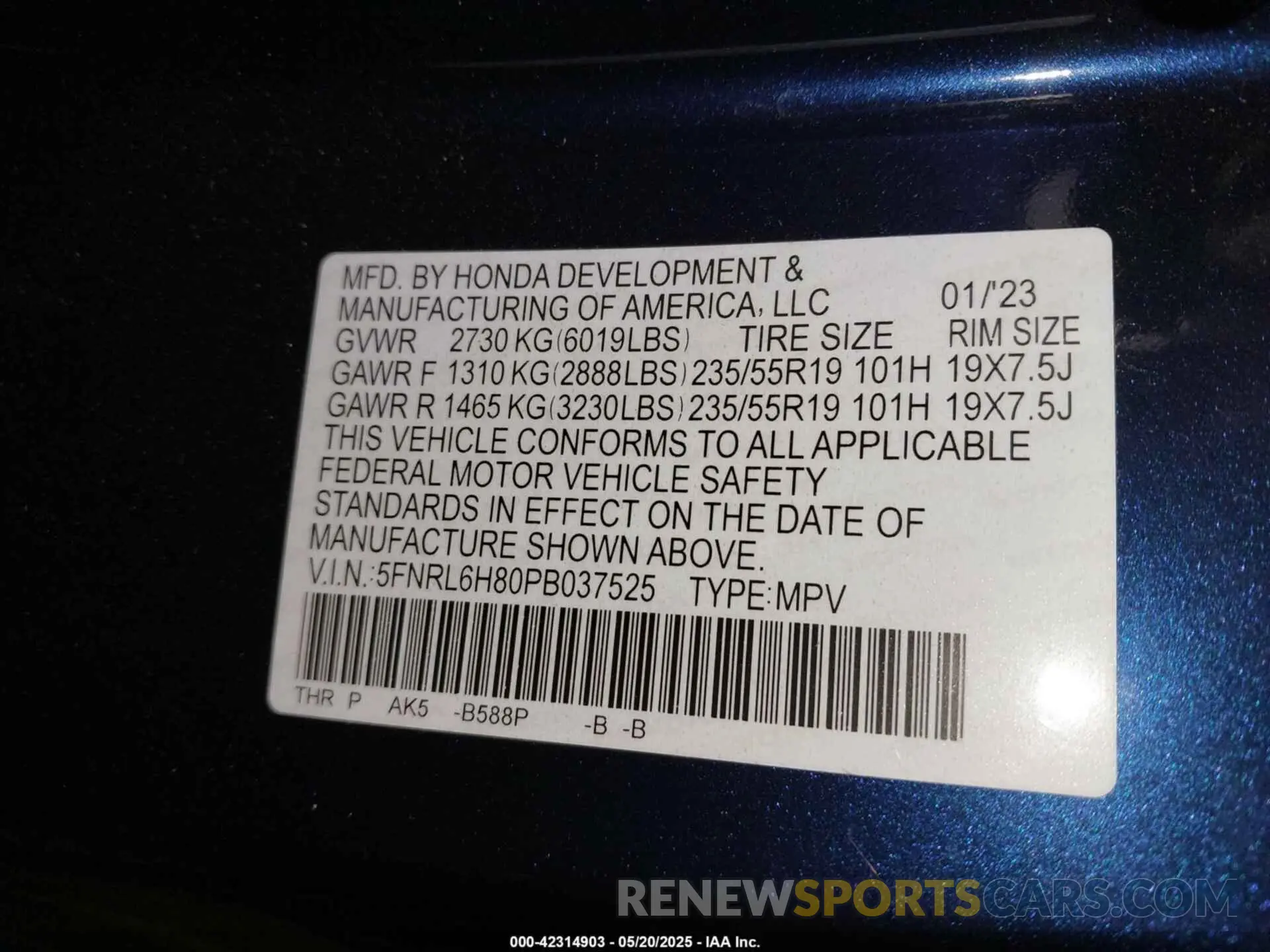 9 fotografías del automóvil dañado 5FNRL6H80PB037525 HONDA ODYSSEY 2023