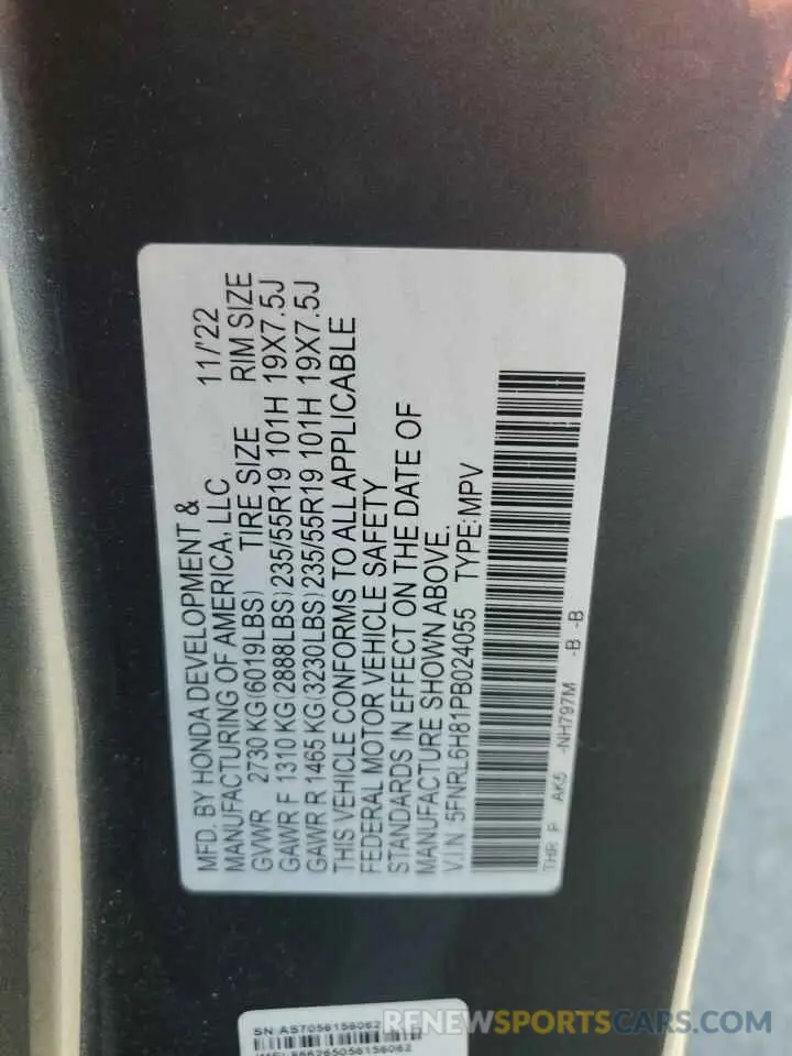 13 fotografías del automóvil dañado 5FNRL6H81PB024055 HONDA ODYSSEY 2023