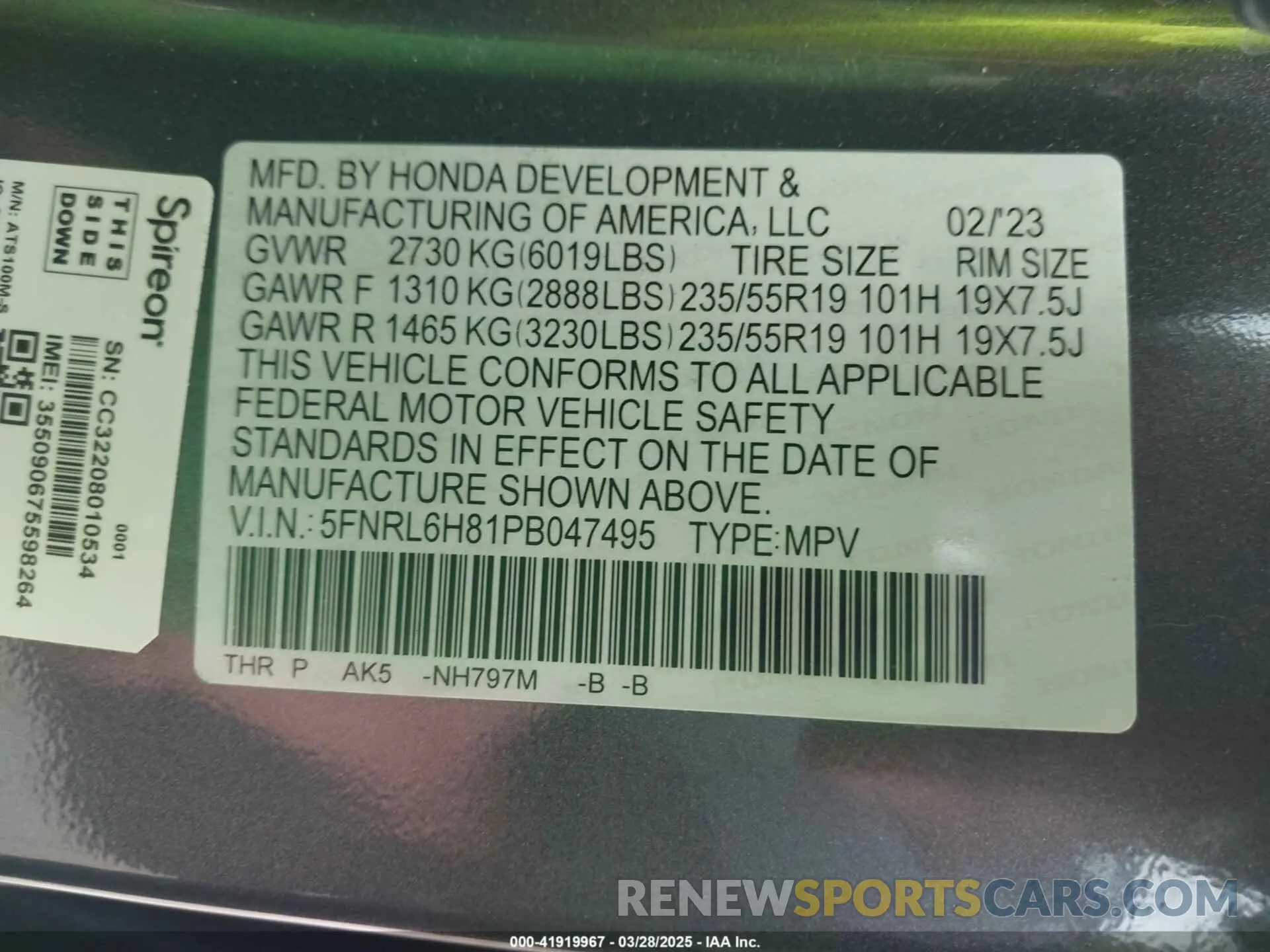 9 fotografías del automóvil dañado 5FNRL6H81PB047495 HONDA ODYSSEY 2023
