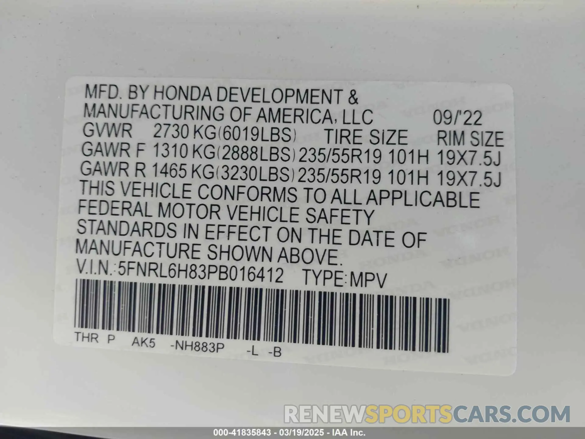 9 fotografías del automóvil dañado 5FNRL6H83PB016412 HONDA ODYSSEY 2023