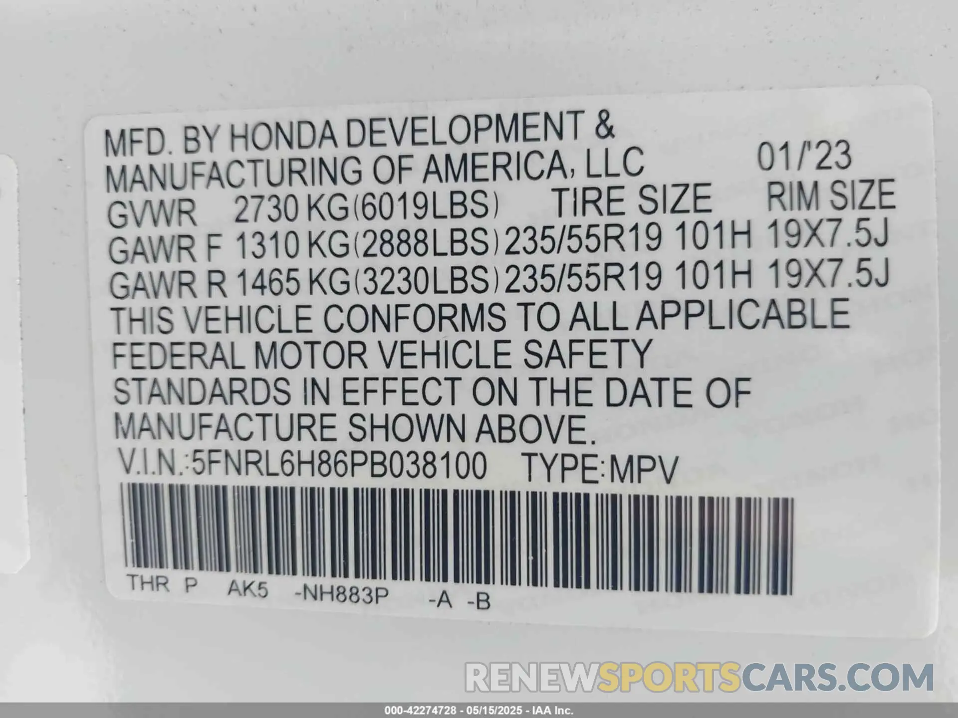 9 fotografías del automóvil dañado 5FNRL6H86PB038100 HONDA ODYSSEY 2023