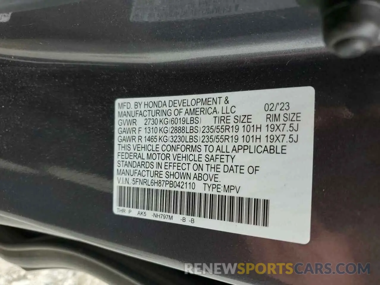 16 fotografías del automóvil dañado 5FNRL6H87PB042110 HONDA ODYSSEY 2023