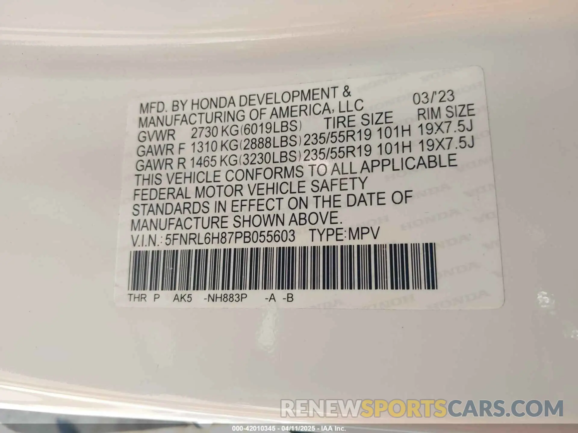 9 fotografías del automóvil dañado 5FNRL6H87PB055603 HONDA ODYSSEY 2023
