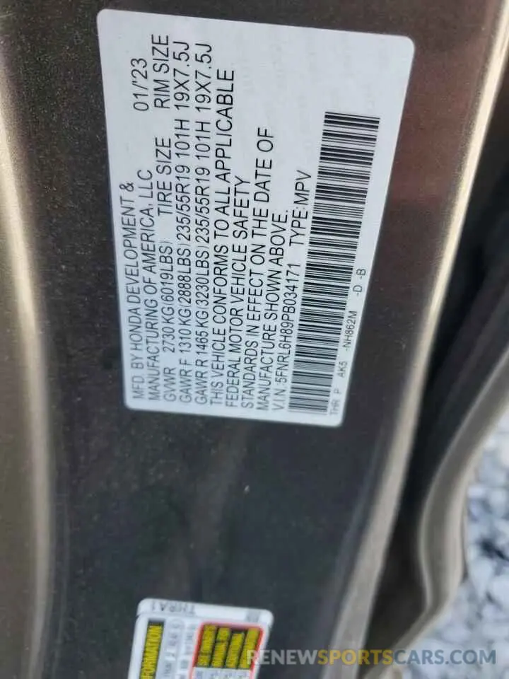 14 fotografías del automóvil dañado 5FNRL6H89PB034171 HONDA ODYSSEY 2023