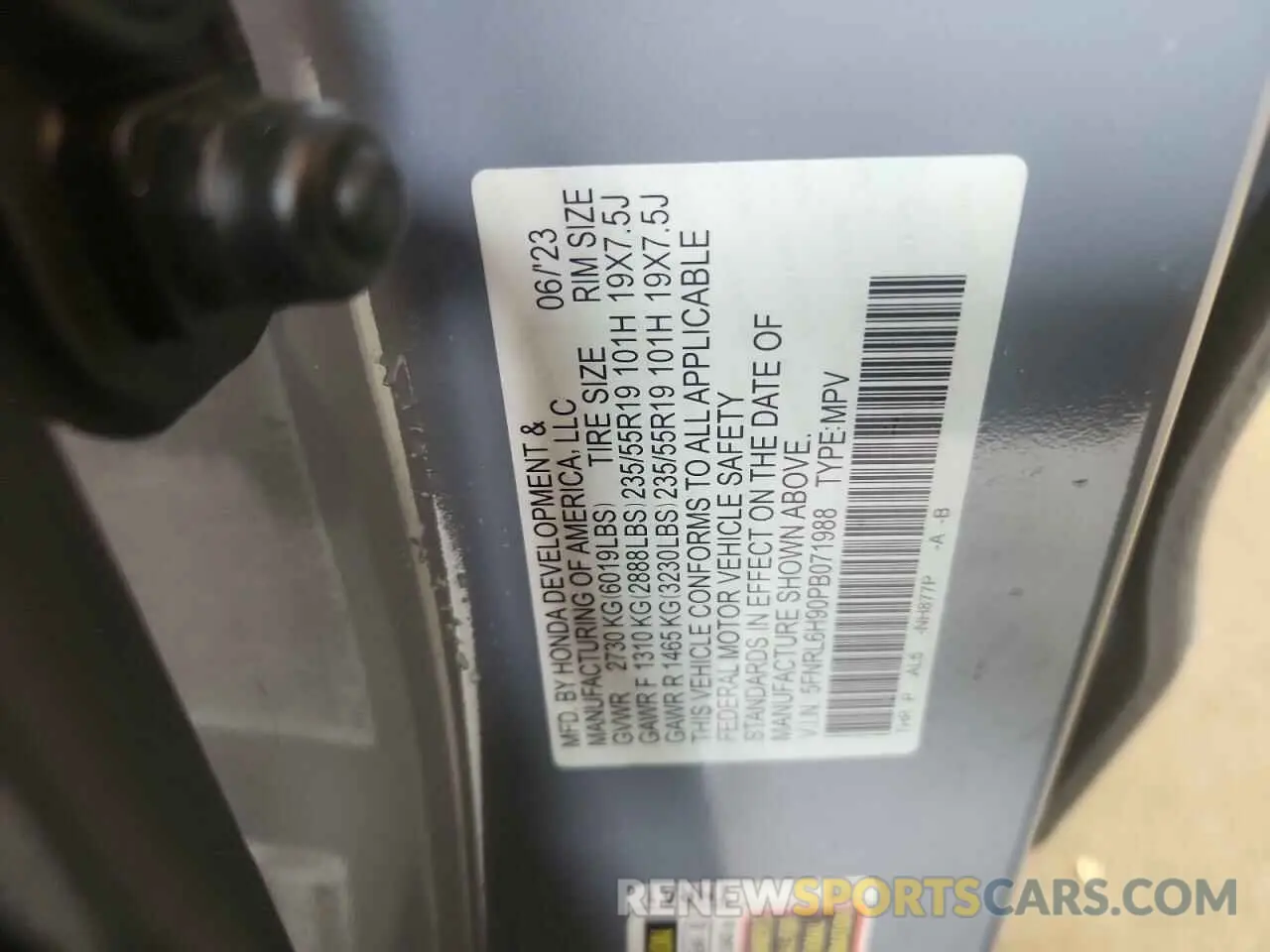 13 fotografías del automóvil dañado 5FNRL6H90PB071988 HONDA ODYSSEY 2023