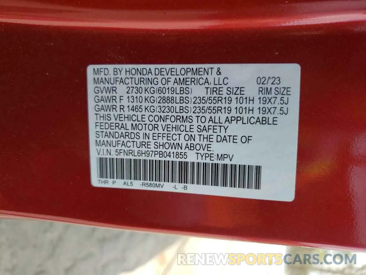 14 fotografías del automóvil dañado 5FNRL6H97PB041855 HONDA ODYSSEY 2023