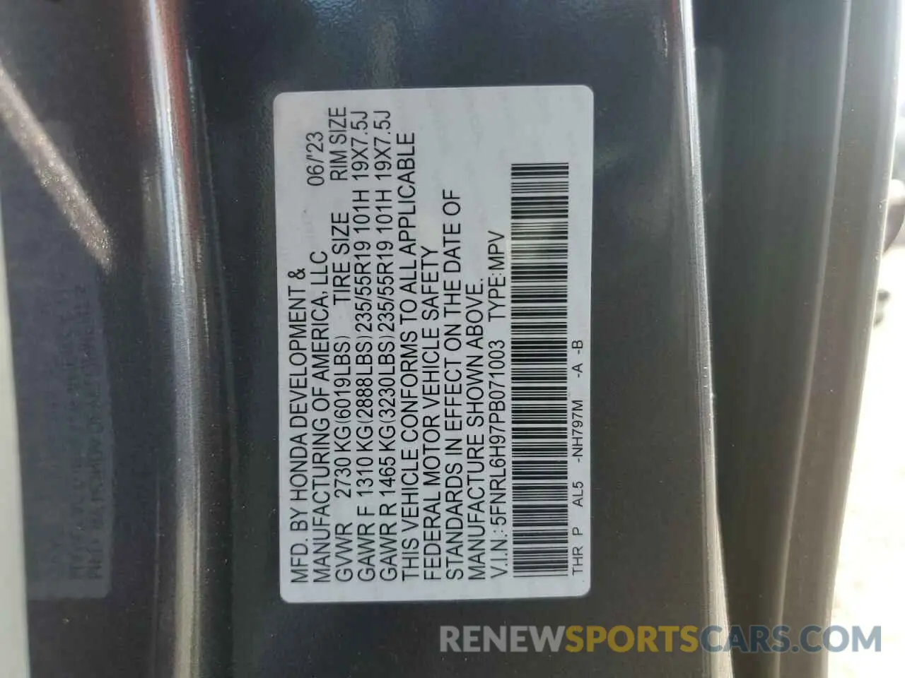 13 fotografías del automóvil dañado 5FNRL6H97PB071003 HONDA ODYSSEY 2023