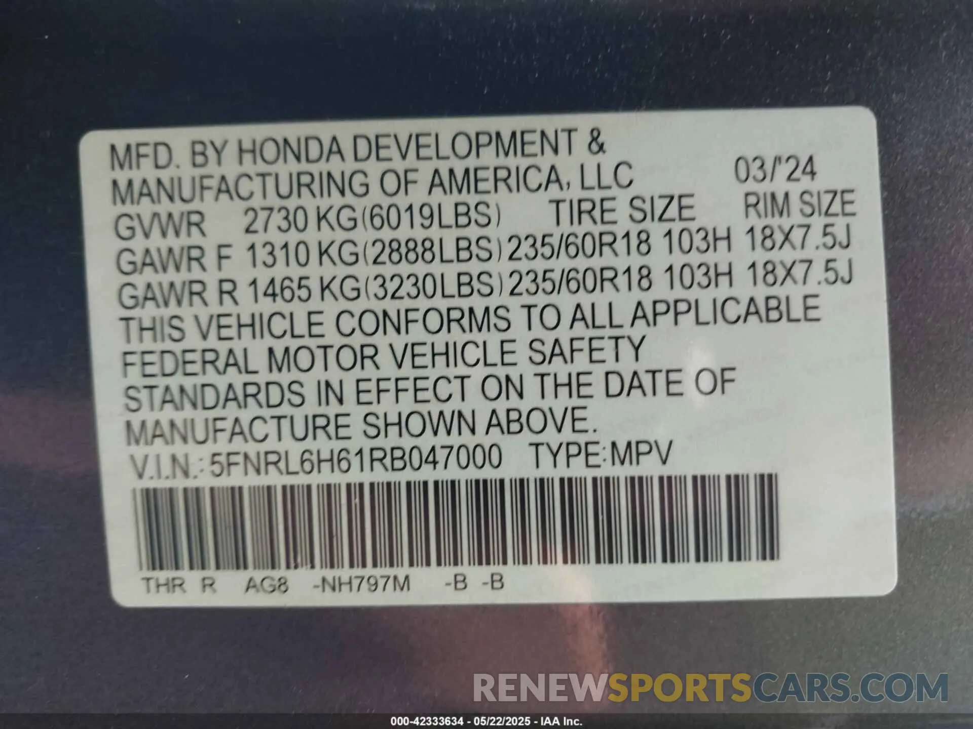 9 fotografías del automóvil dañado 5FNRL6H61RB047000 HONDA ODYSSEY 2024