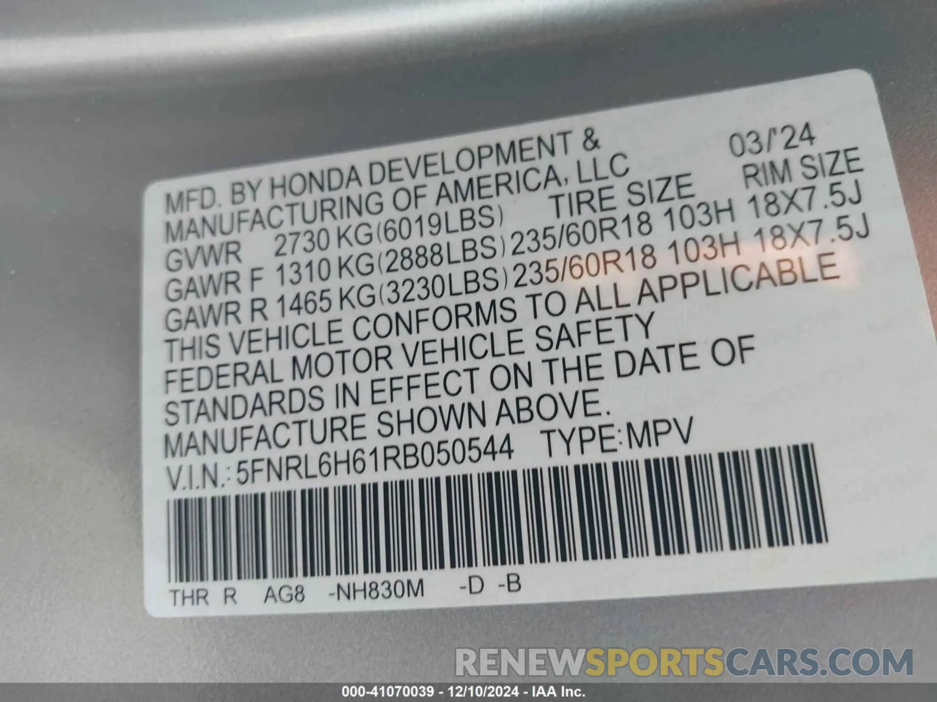 9 fotografías del automóvil dañado 5FNRL6H61RB050544 HONDA ODYSSEY 2024
