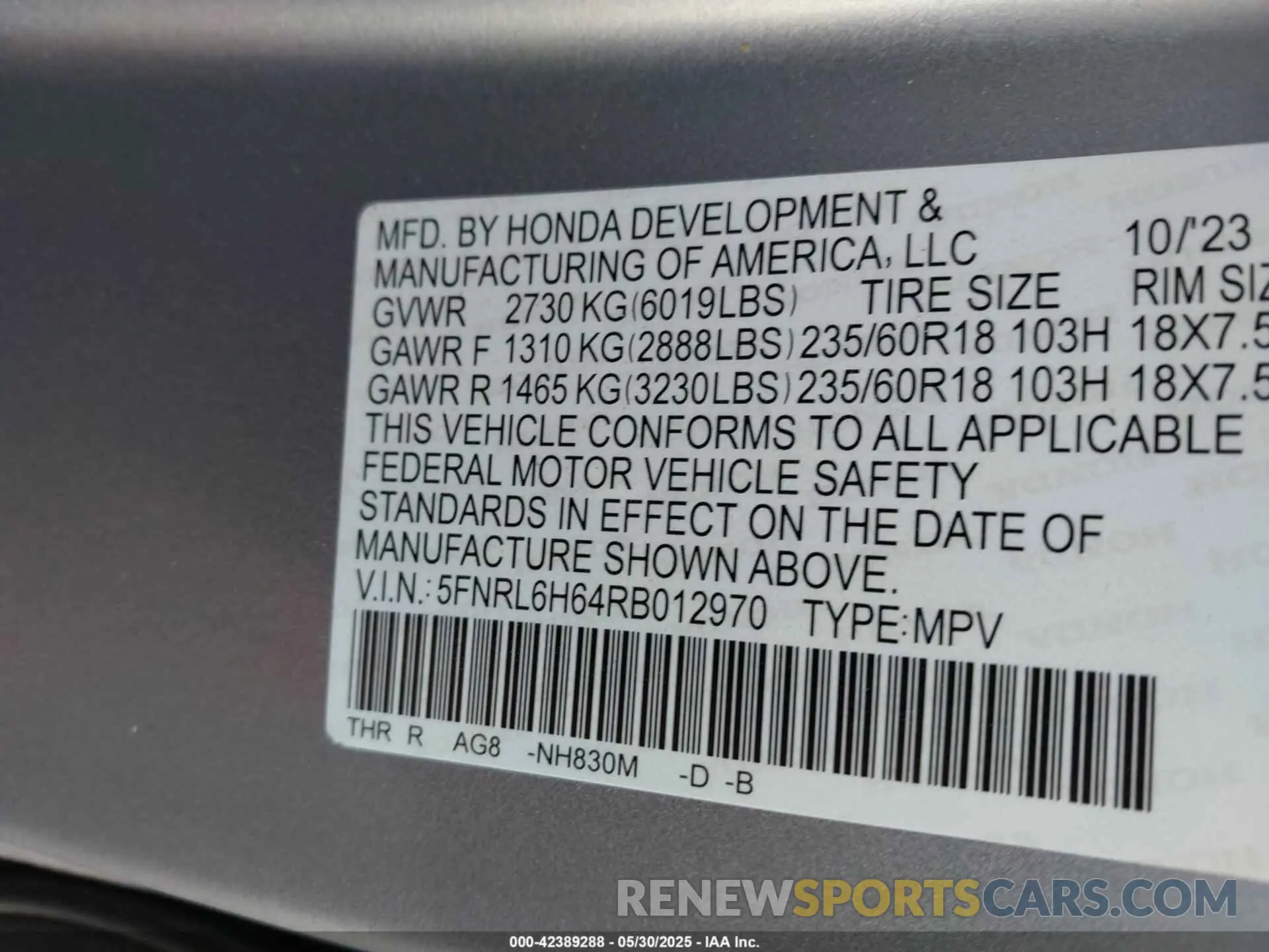 9 fotografías del automóvil dañado 5FNRL6H64RB012970 HONDA ODYSSEY 2024