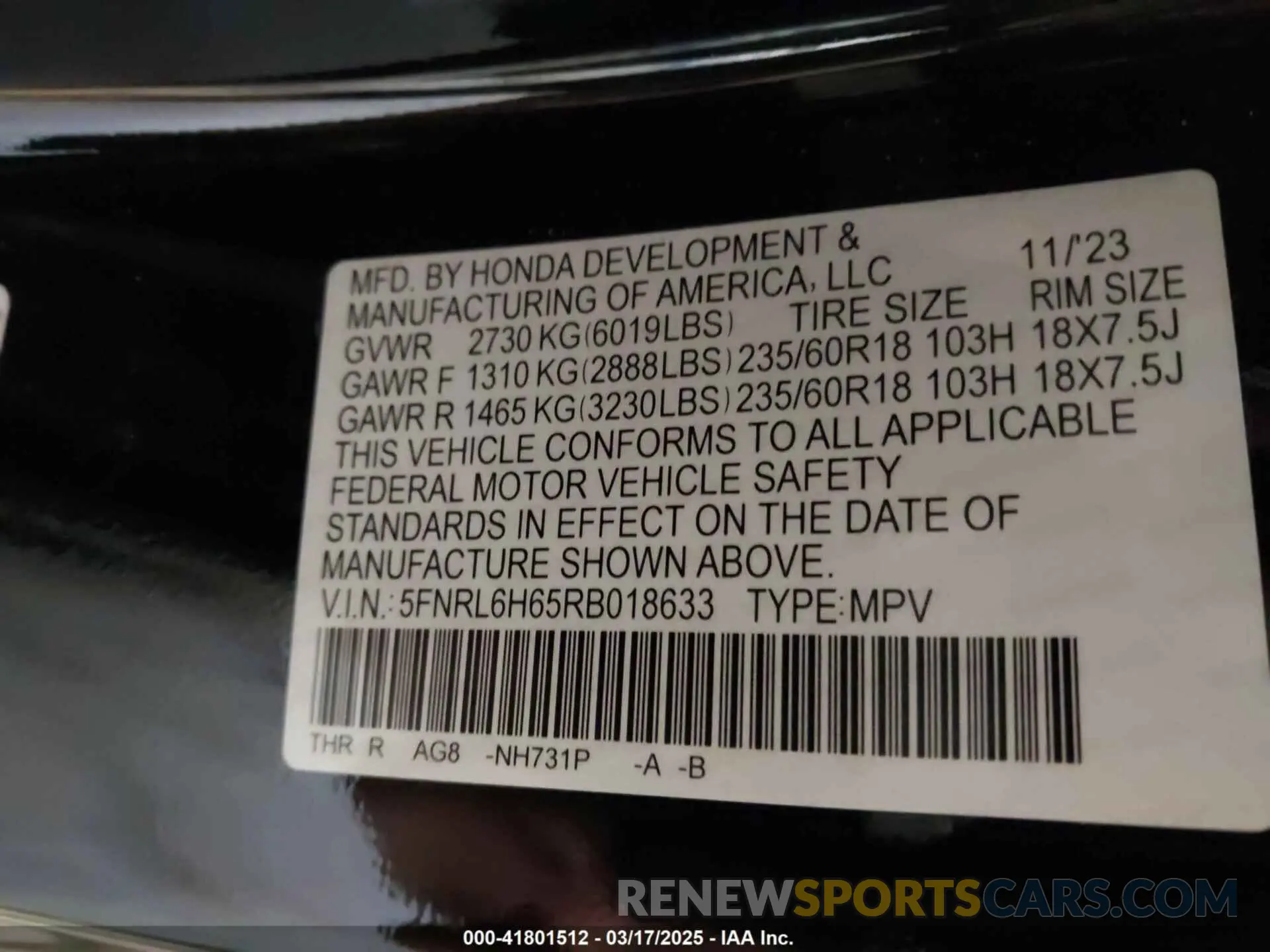 9 fotografías del automóvil dañado 5FNRL6H65RB018633 HONDA ODYSSEY 2024