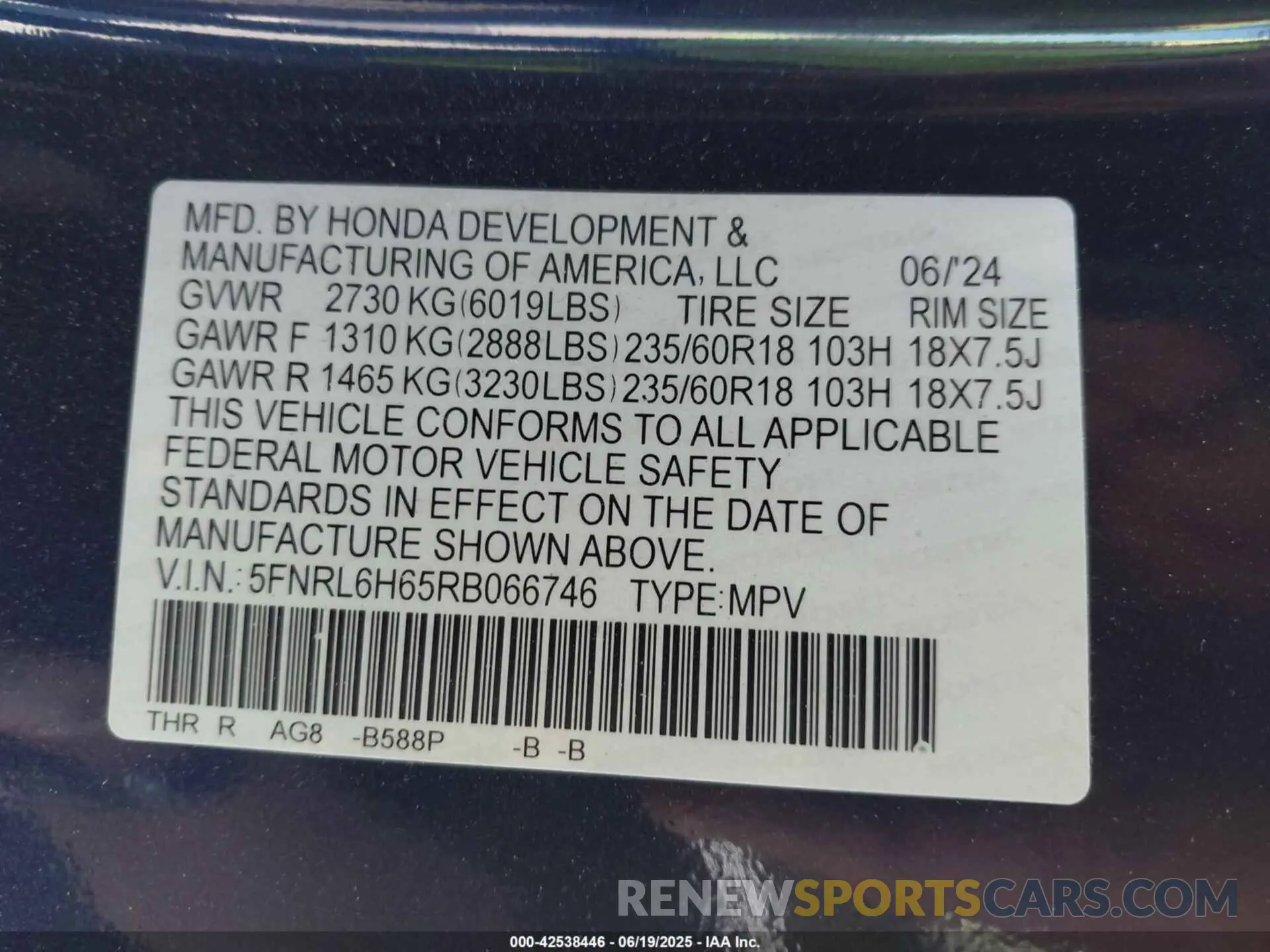 9 fotografías del automóvil dañado 5FNRL6H65RB066746 HONDA ODYSSEY 2024