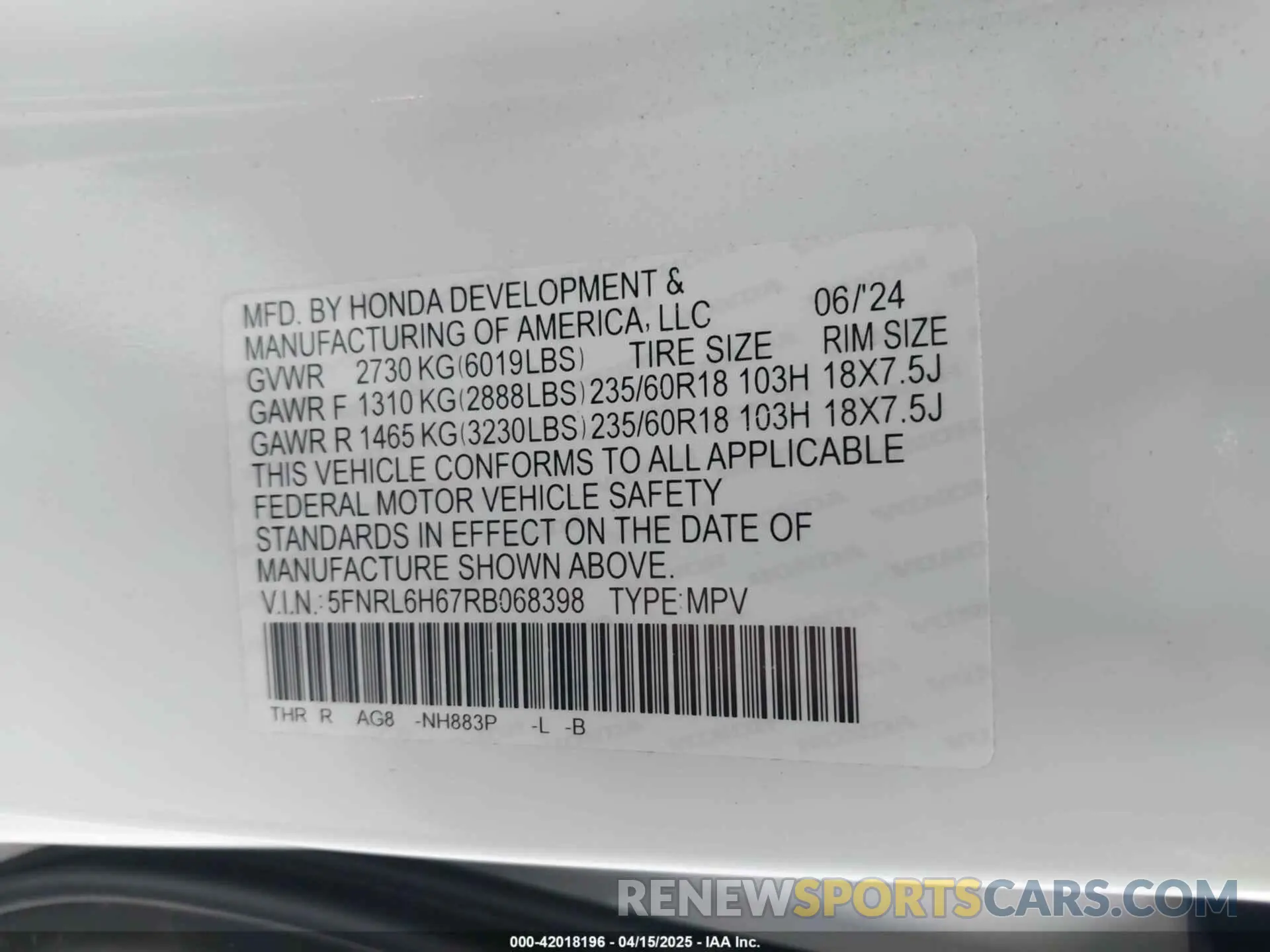 9 fotografías del automóvil dañado 5FNRL6H67RB068398 HONDA ODYSSEY 2024