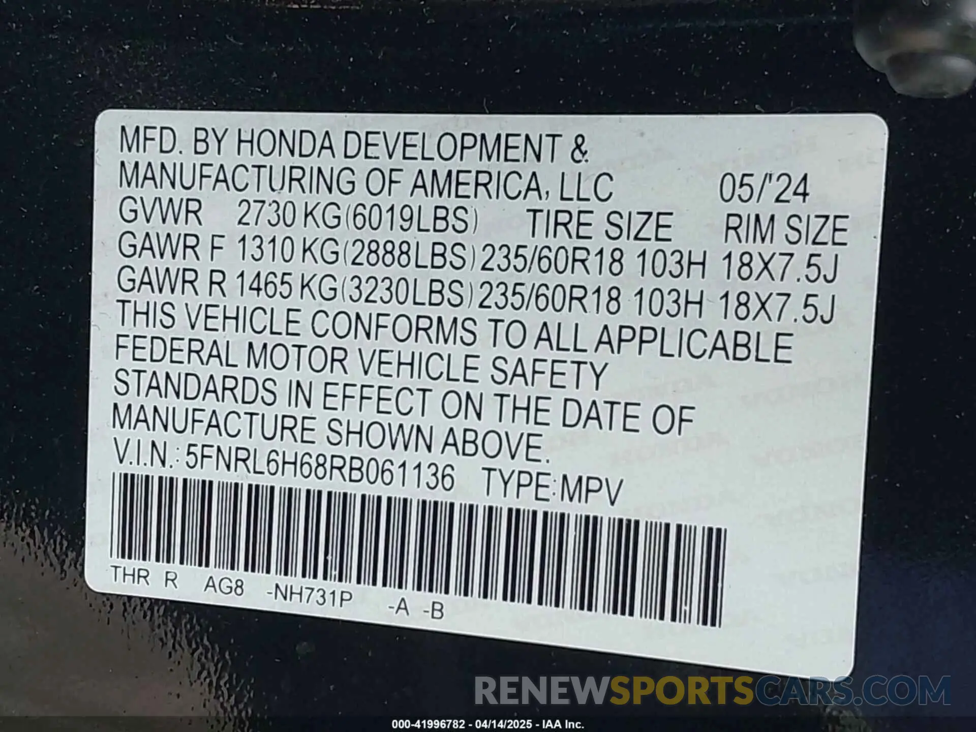 9 fotografías del automóvil dañado 5FNRL6H68RB061136 HONDA ODYSSEY 2024