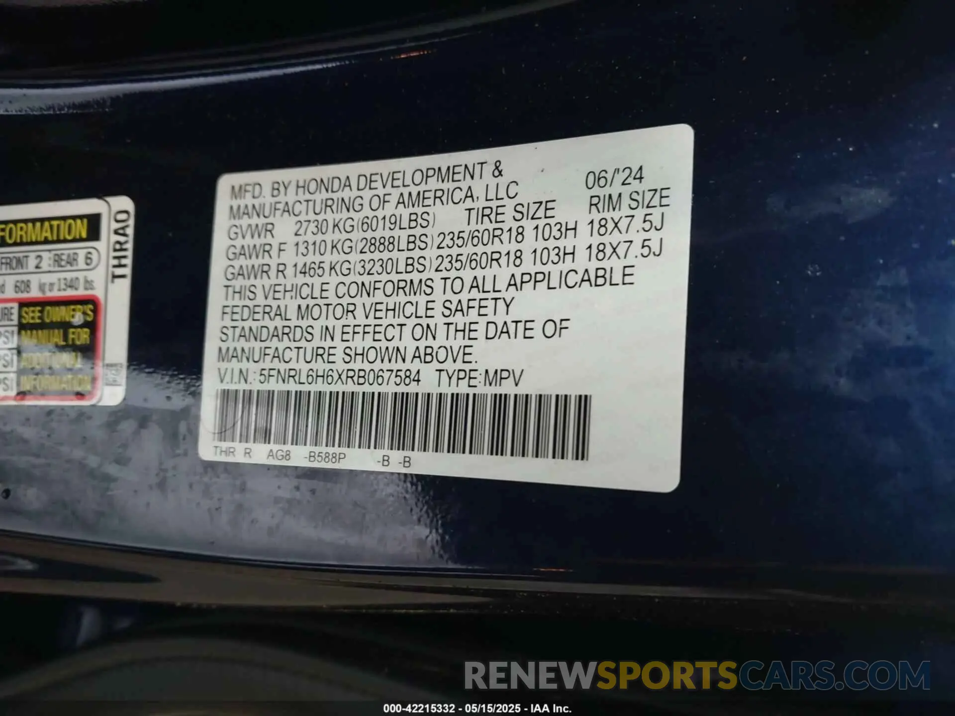 9 fotografías del automóvil dañado 5FNRL6H6XRB067584 HONDA ODYSSEY 2024