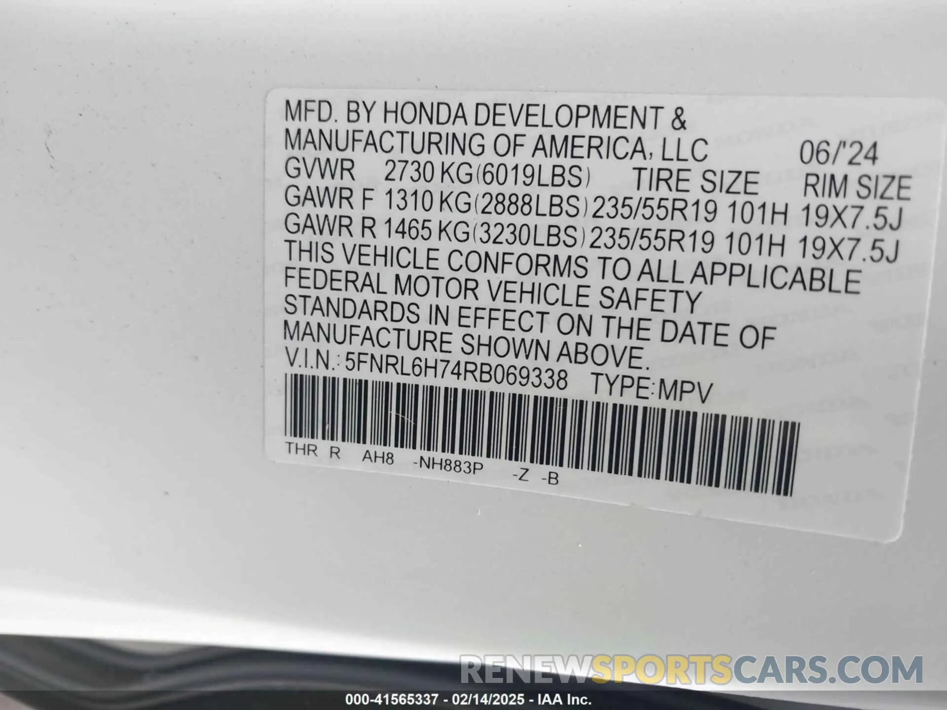 9 fotografías del automóvil dañado 5FNRL6H74RB069338 HONDA ODYSSEY 2024