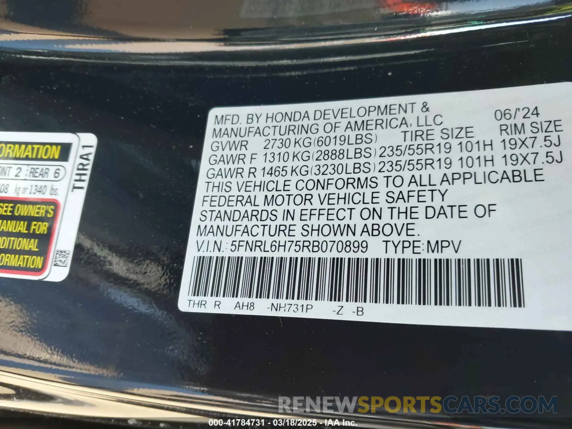 9 fotografías del automóvil dañado 5FNRL6H75RB070899 HONDA ODYSSEY 2024