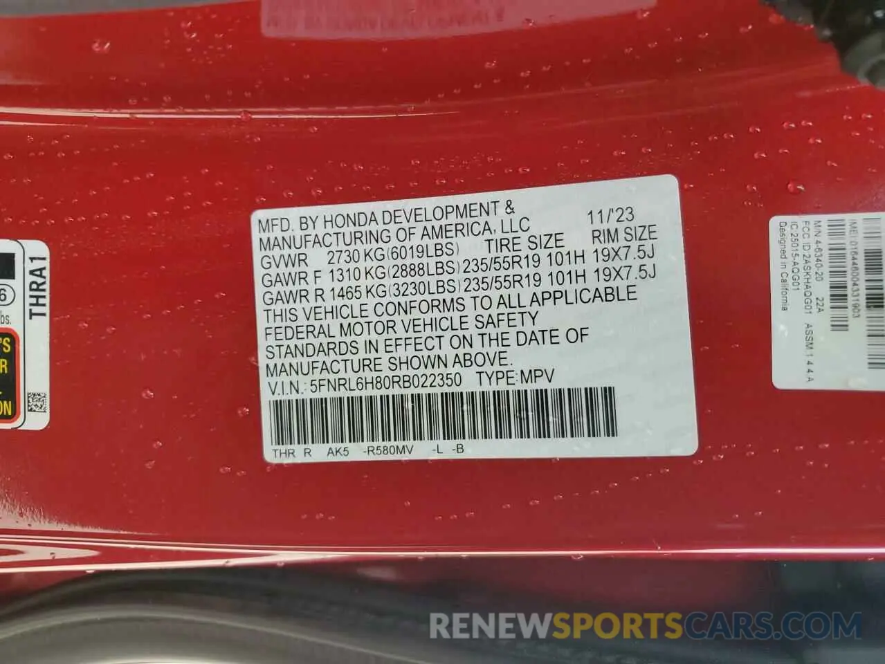 13 fotografías del automóvil dañado 5FNRL6H80RB022350 HONDA ODYSSEY 2024