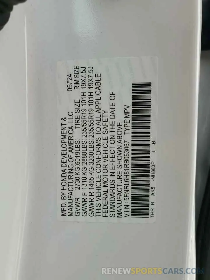 15 fotografías del automóvil dañado 5FNRL6H81RB063067 HONDA ODYSSEY 2024