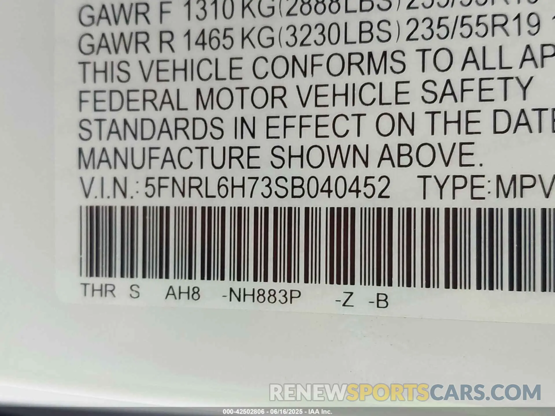9 fotografías del automóvil dañado 5FNRL6H73SB040452 HONDA ODYSSEY 2025