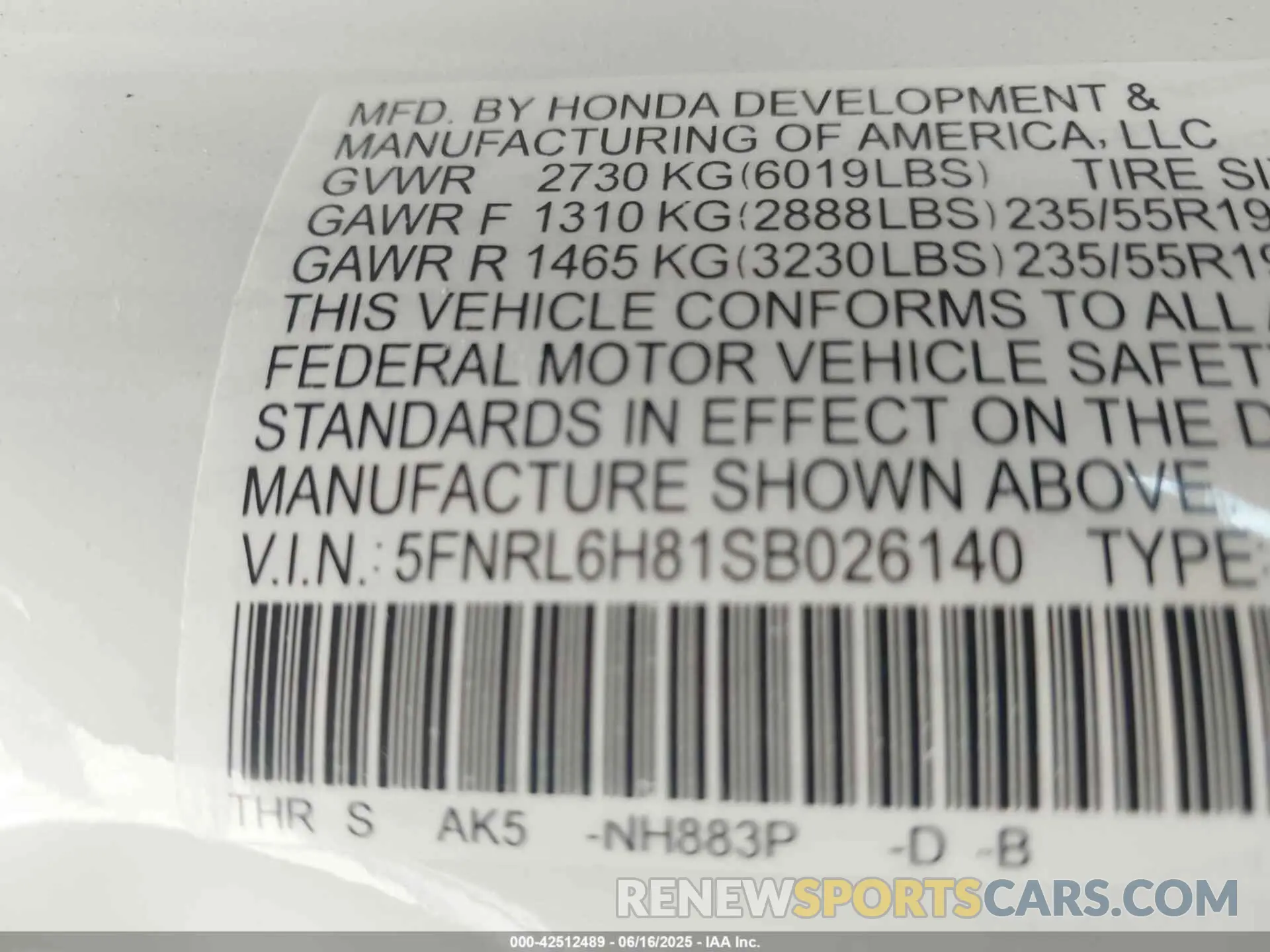 9 fotografías del automóvil dañado 5FNRL6H81SB026140 HONDA ODYSSEY 2025