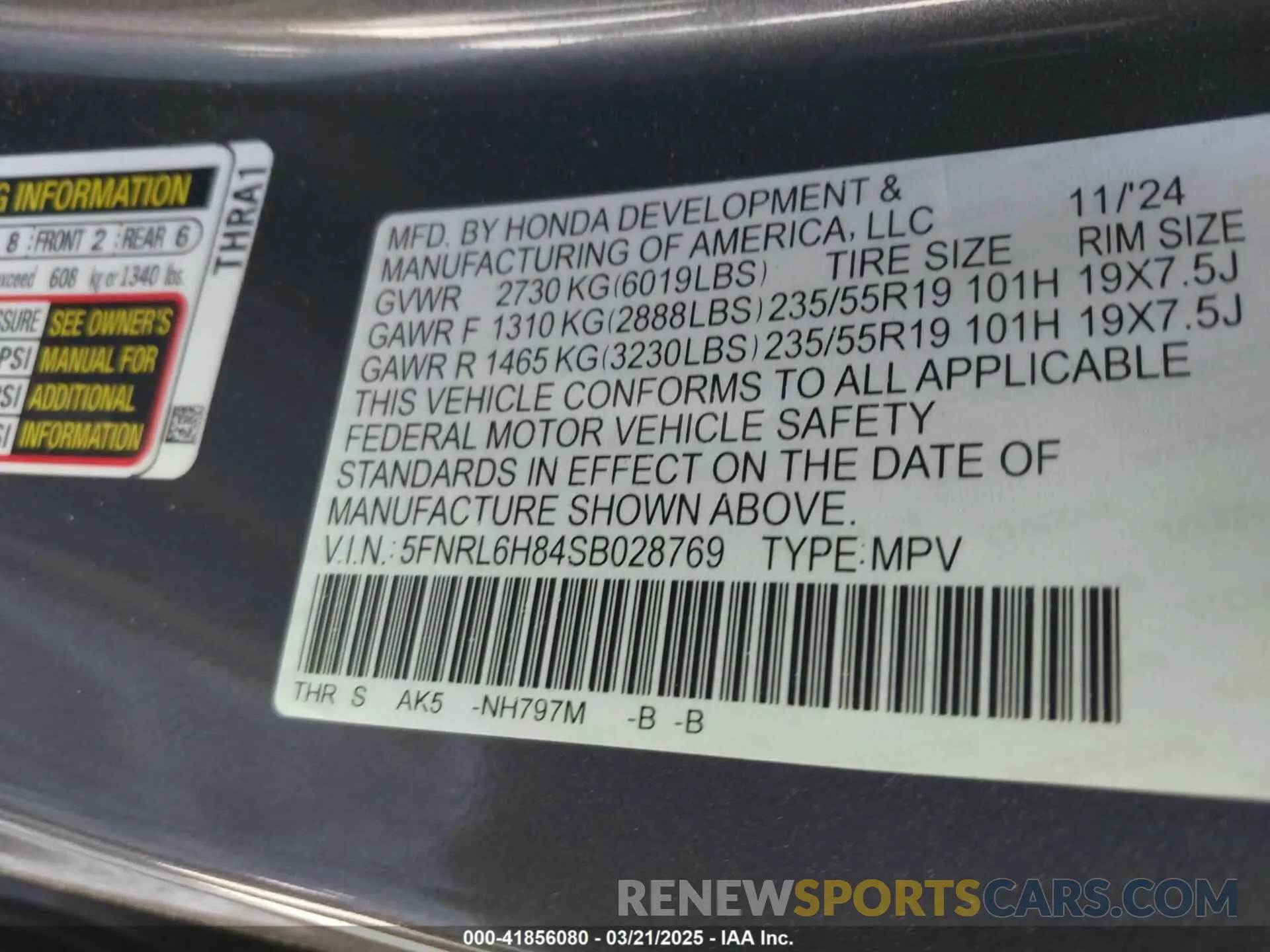 9 fotografías del automóvil dañado 5FNRL6H84SB028769 HONDA ODYSSEY 2025