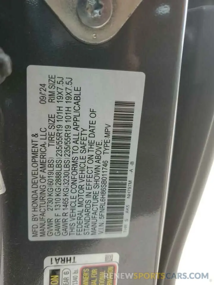 15 fotografías del automóvil dañado 5FNRL6H86SB011746 HONDA ODYSSEY 2025