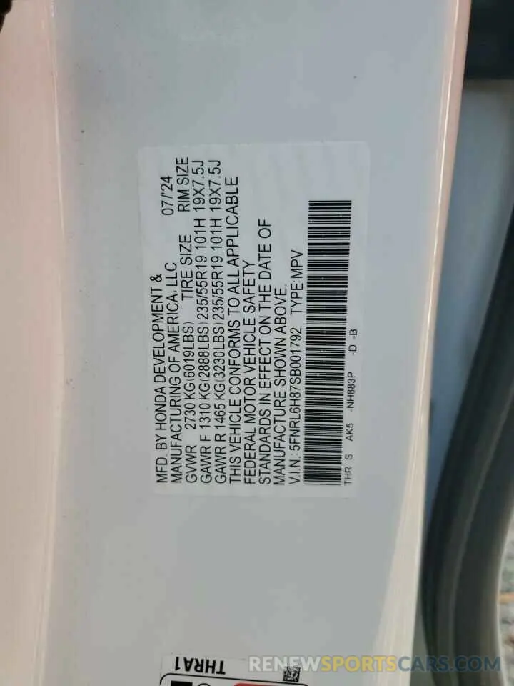 13 fotografías del automóvil dañado 5FNRL6H87SB001792 HONDA ODYSSEY 2025