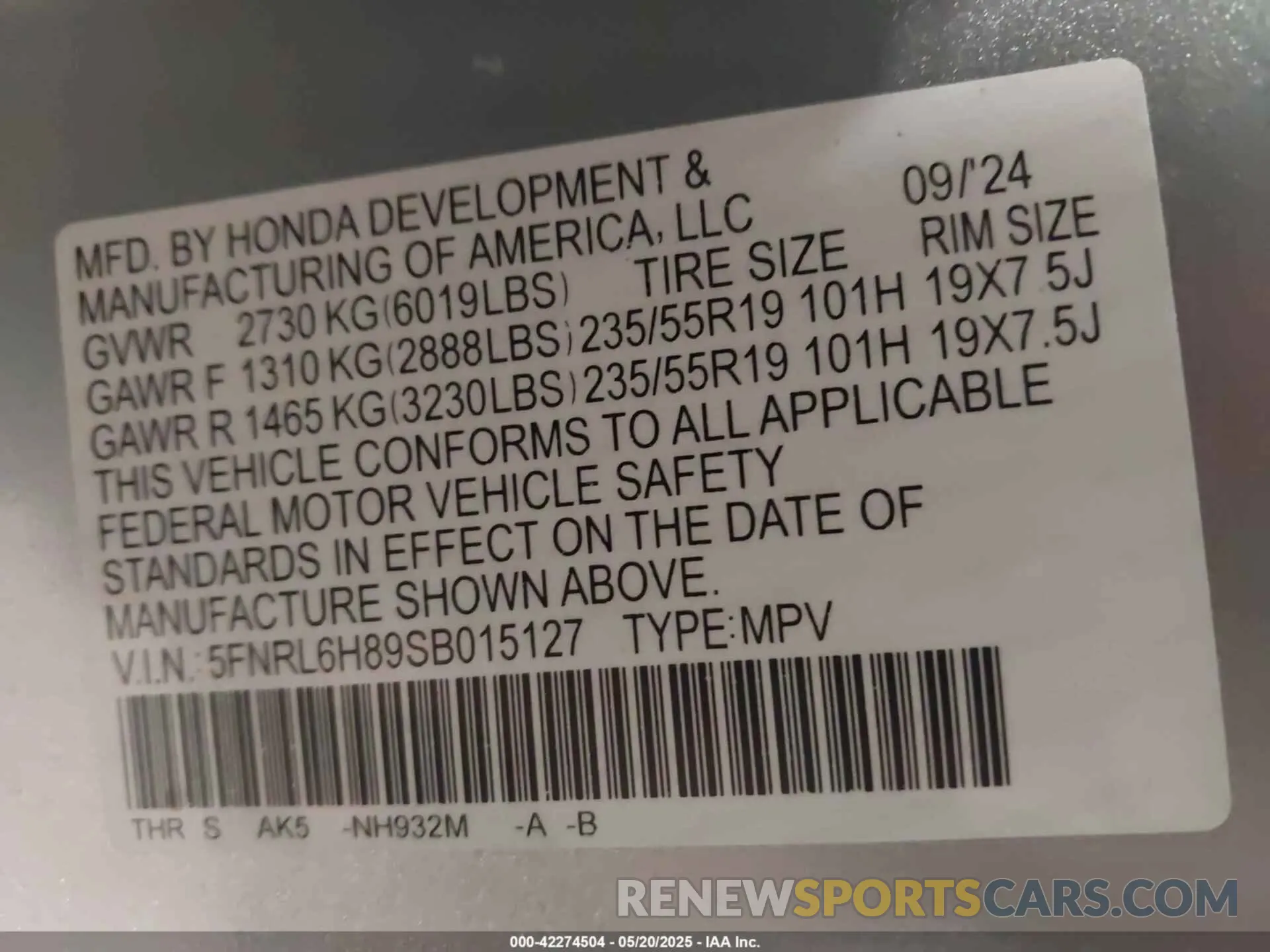 9 fotografías del automóvil dañado 5FNRL6H89SB015127 HONDA ODYSSEY 2025