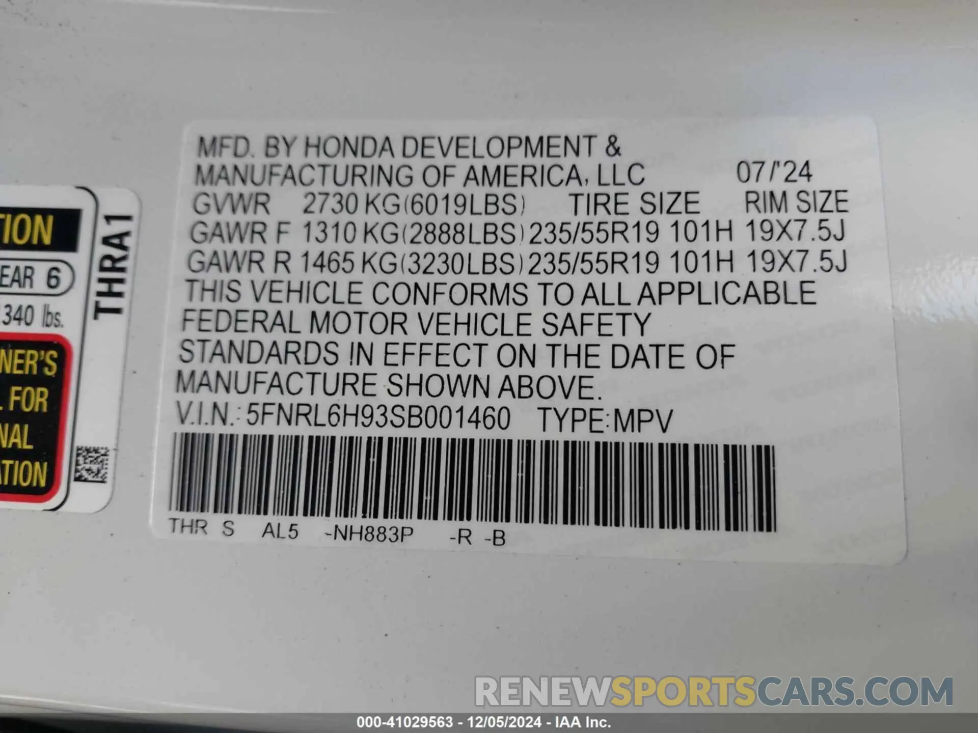 9 fotografías del automóvil dañado 5FNRL6H93SB001460 HONDA ODYSSEY 2025