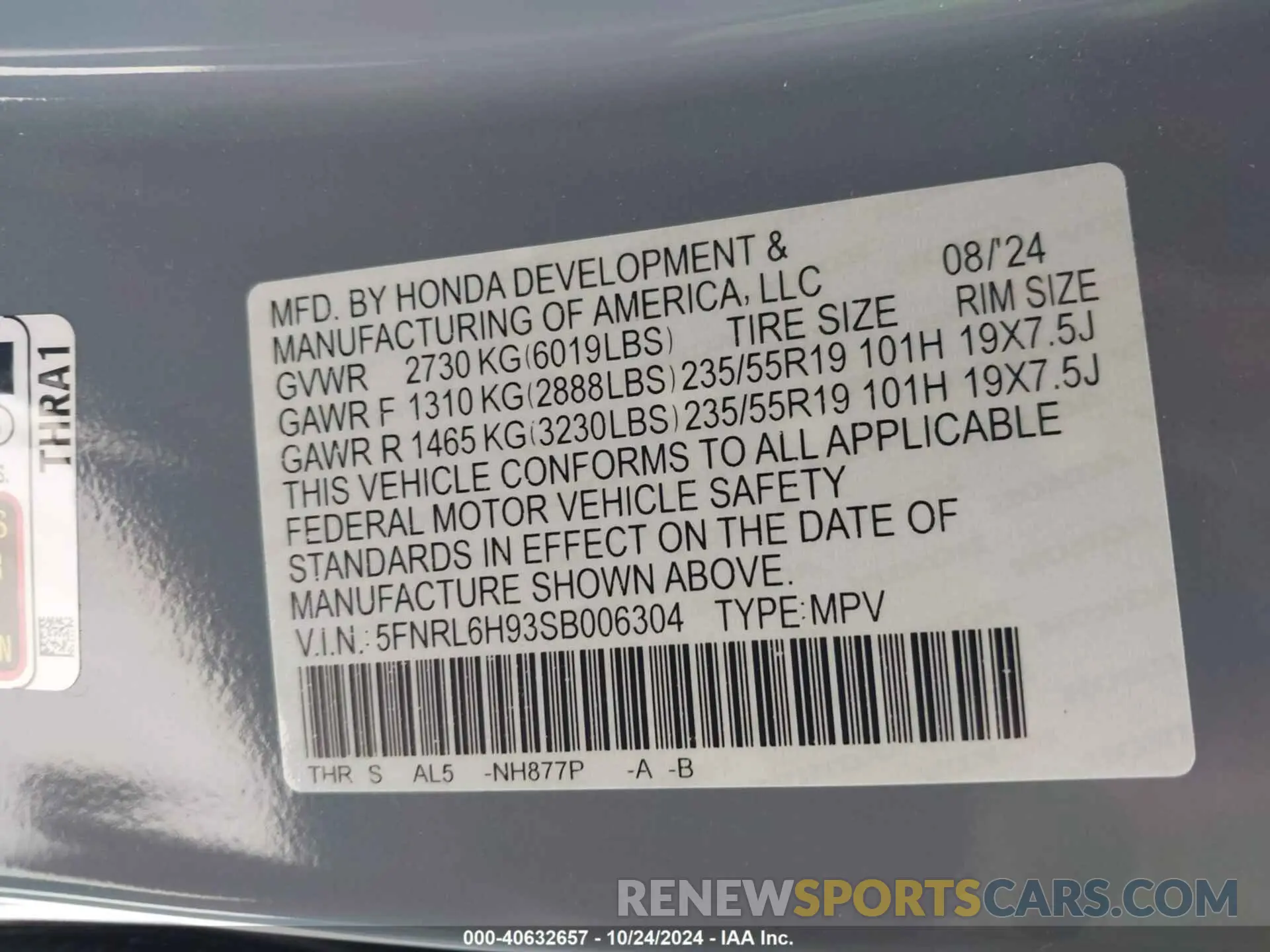 9 fotografías del automóvil dañado 5FNRL6H93SB006304 HONDA ODYSSEY 2025