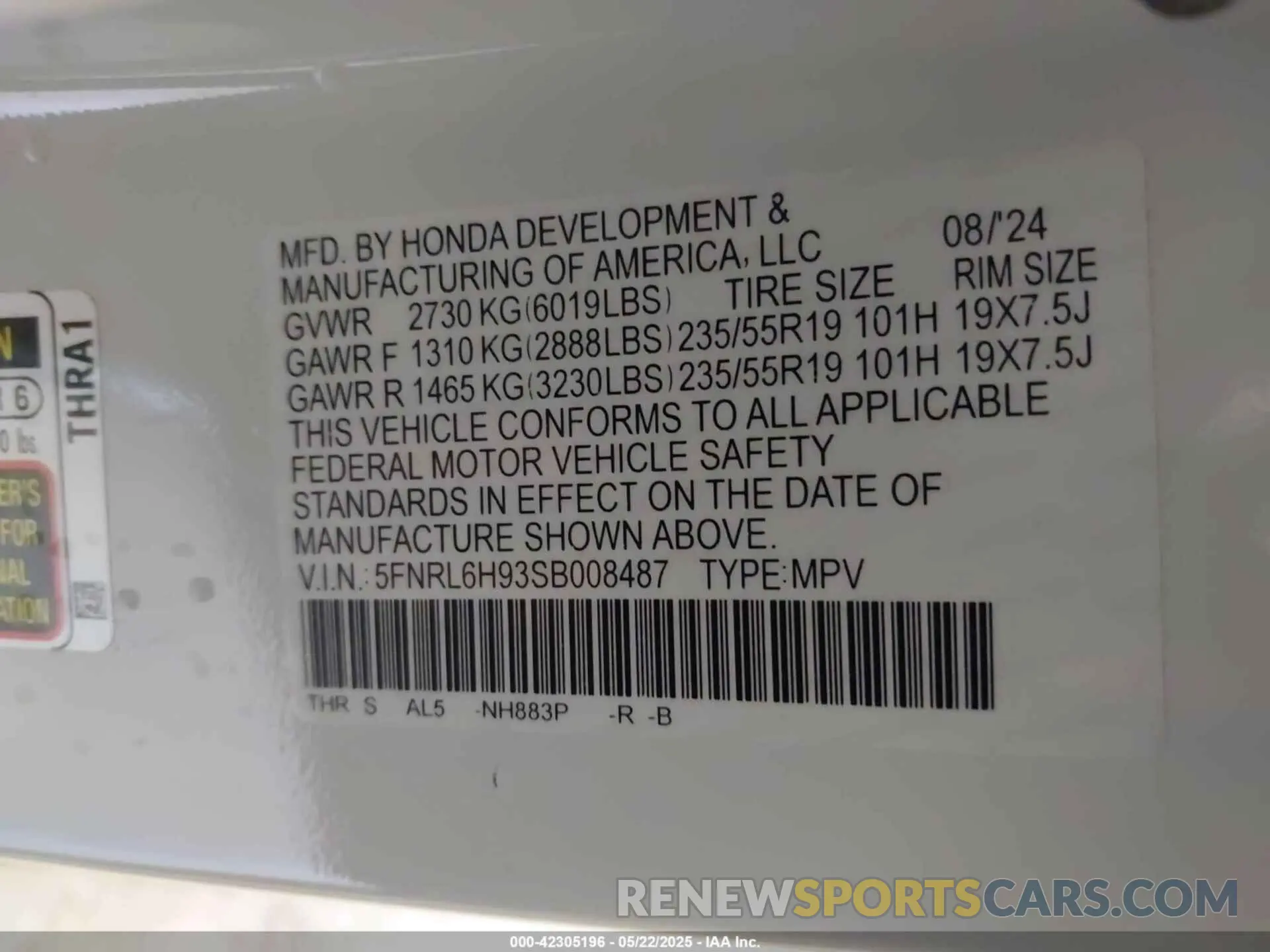9 fotografías del automóvil dañado 5FNRL6H93SB008487 HONDA ODYSSEY 2025