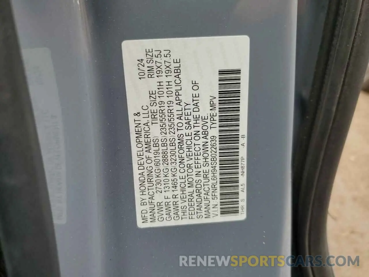 14 fotografías del automóvil dañado 5FNRL6H94SB022639 HONDA ODYSSEY 2025