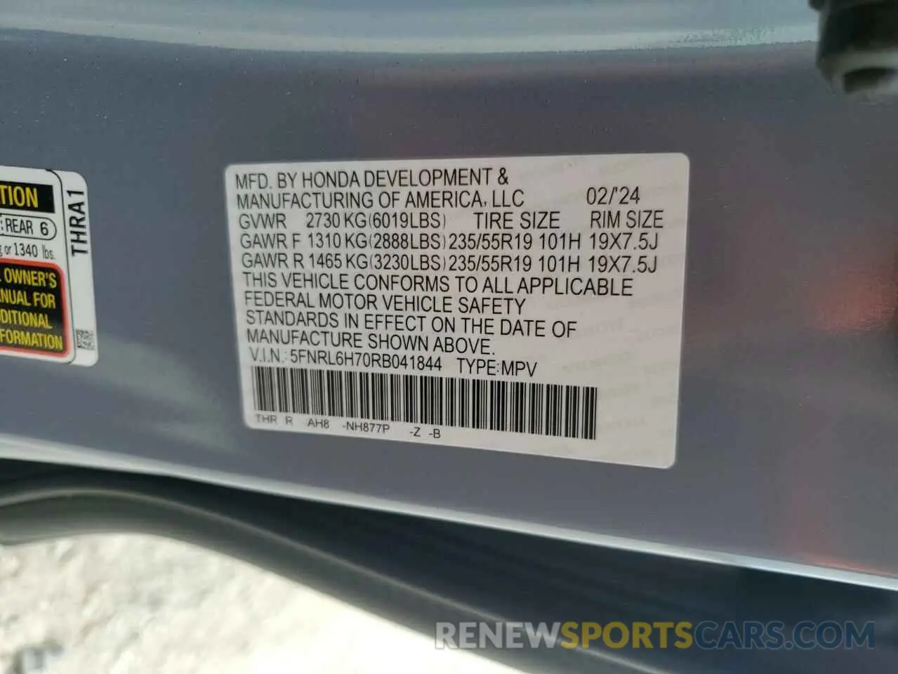 13 fotografías del automóvil dañado 5FNRL6H70RB041844 HONDA ODYSSEY SP 2024