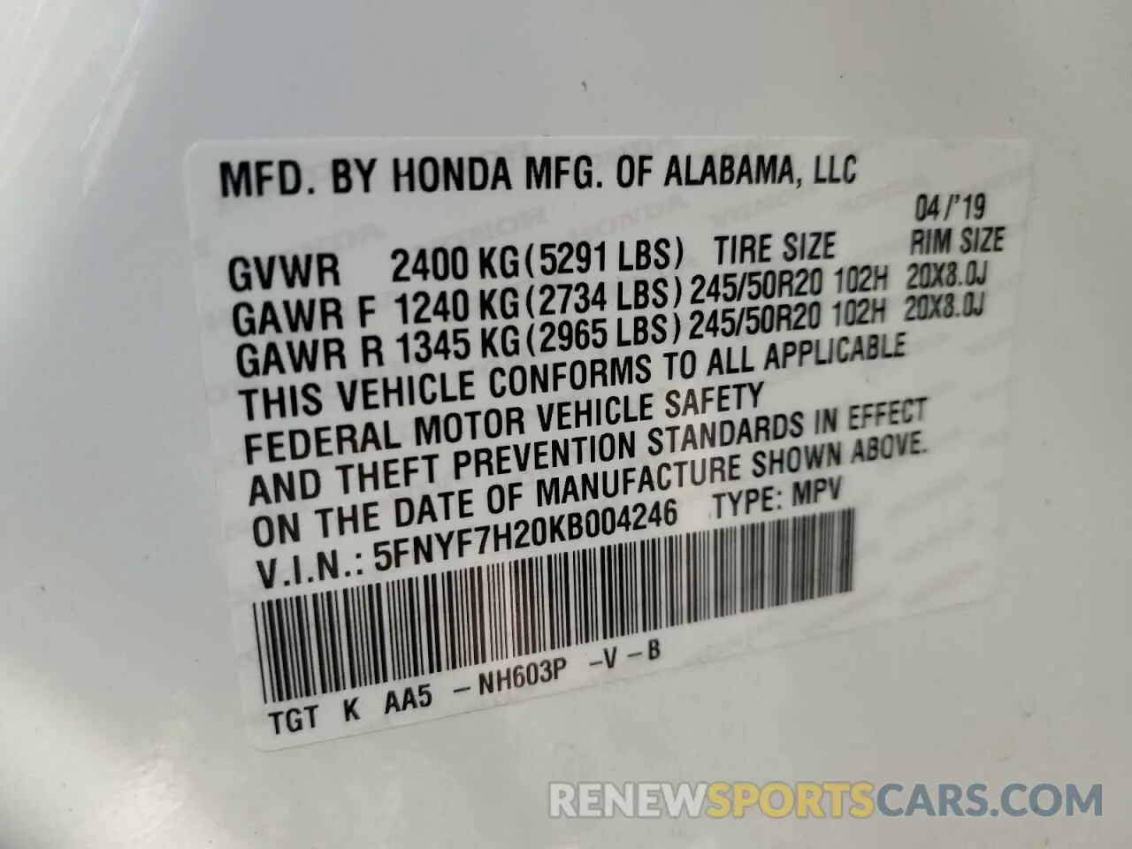 15 fotografías del automóvil dañado 5FNYF7H20KB004246 HONDA PASSPORT 2019
