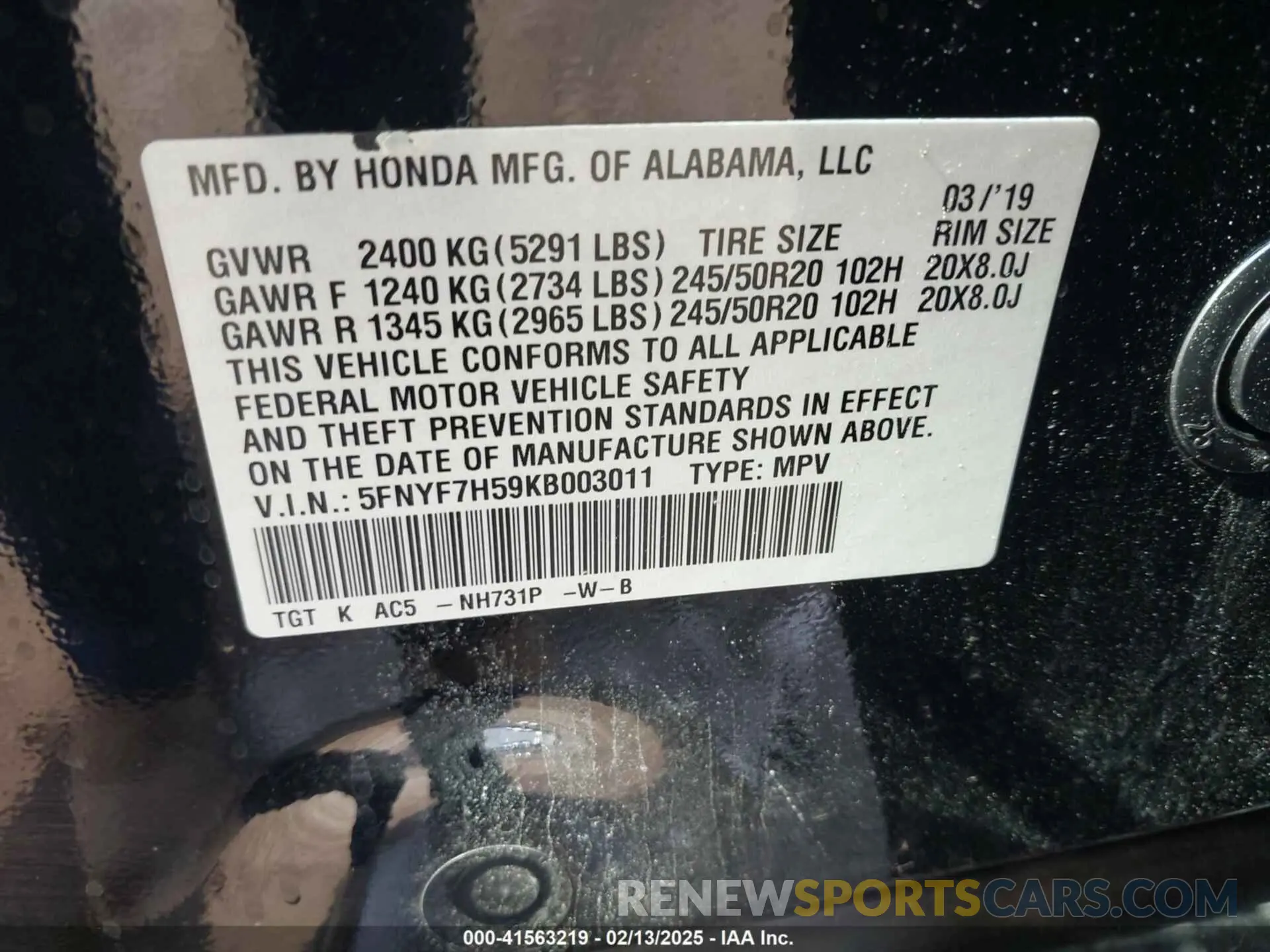 9 fotografías del automóvil dañado 5FNYF7H59KB003011 HONDA PASSPORT 2019